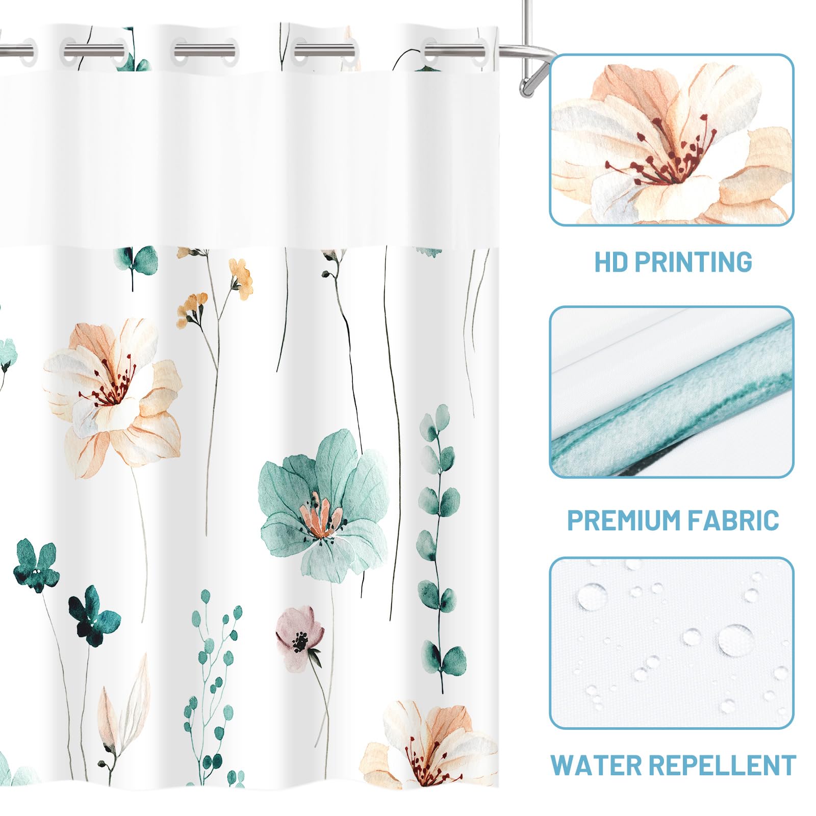 Withloc No Hook Shower Curtain With Snap In Liner - Floral Shower Curtain - Fabric Waterproof Inner Liner, Plants Watercolor Tea
