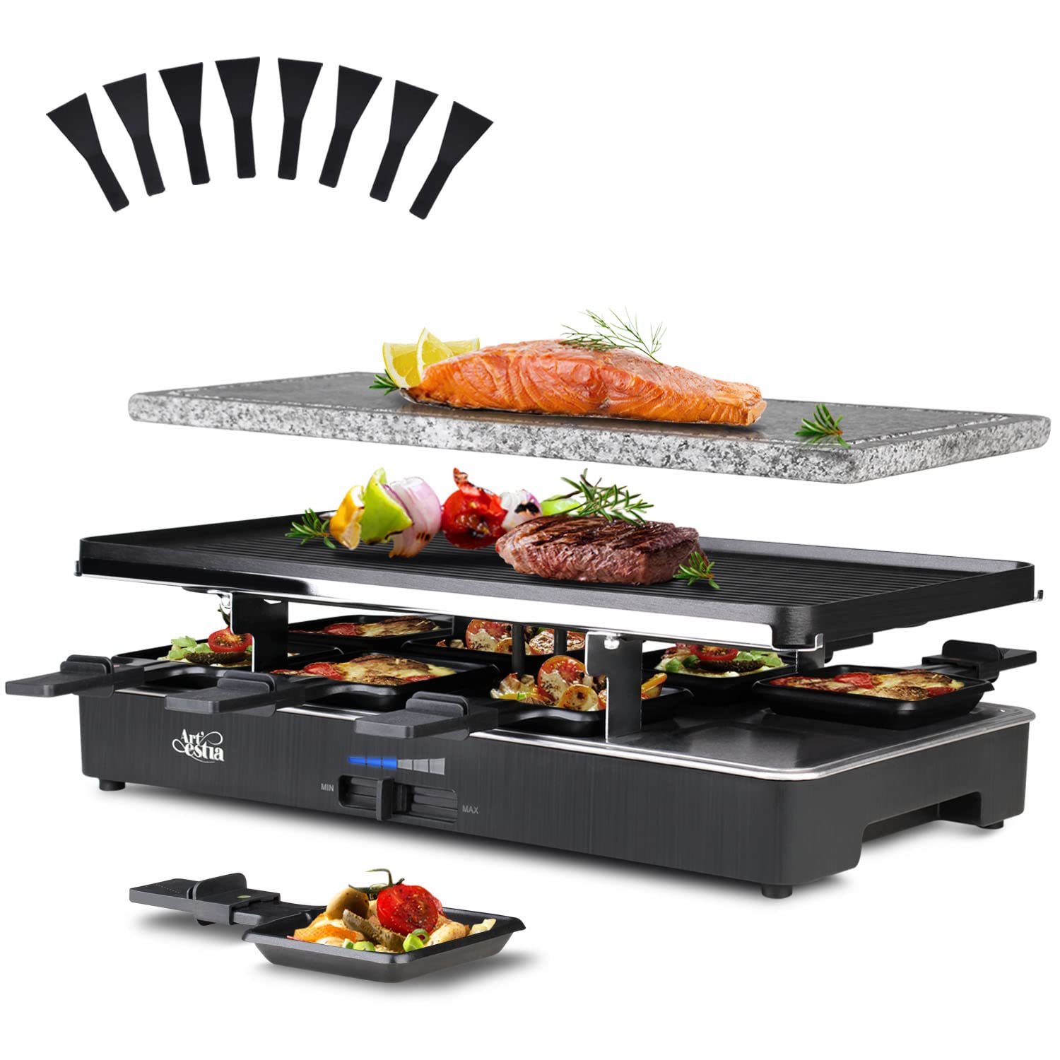 Artestia 1700W Raclette Table Grill with Steak Stone Cooking, 2-in-1 Korean BBQ Grill Electric Indoor Outdoor Cheese Raclette, N