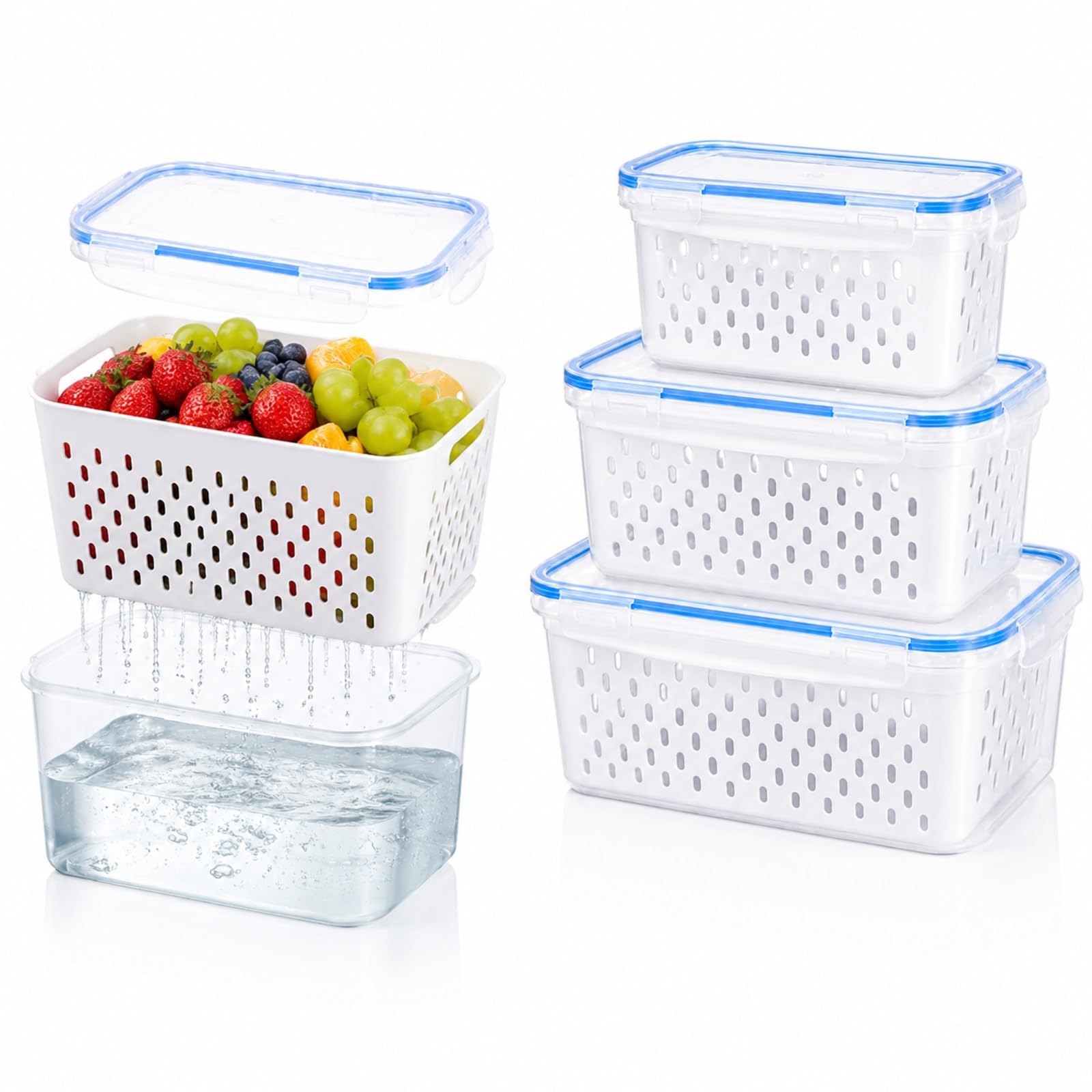 3 Pack Fruit Storage Containers for Fridge with Removable Colander and Lids