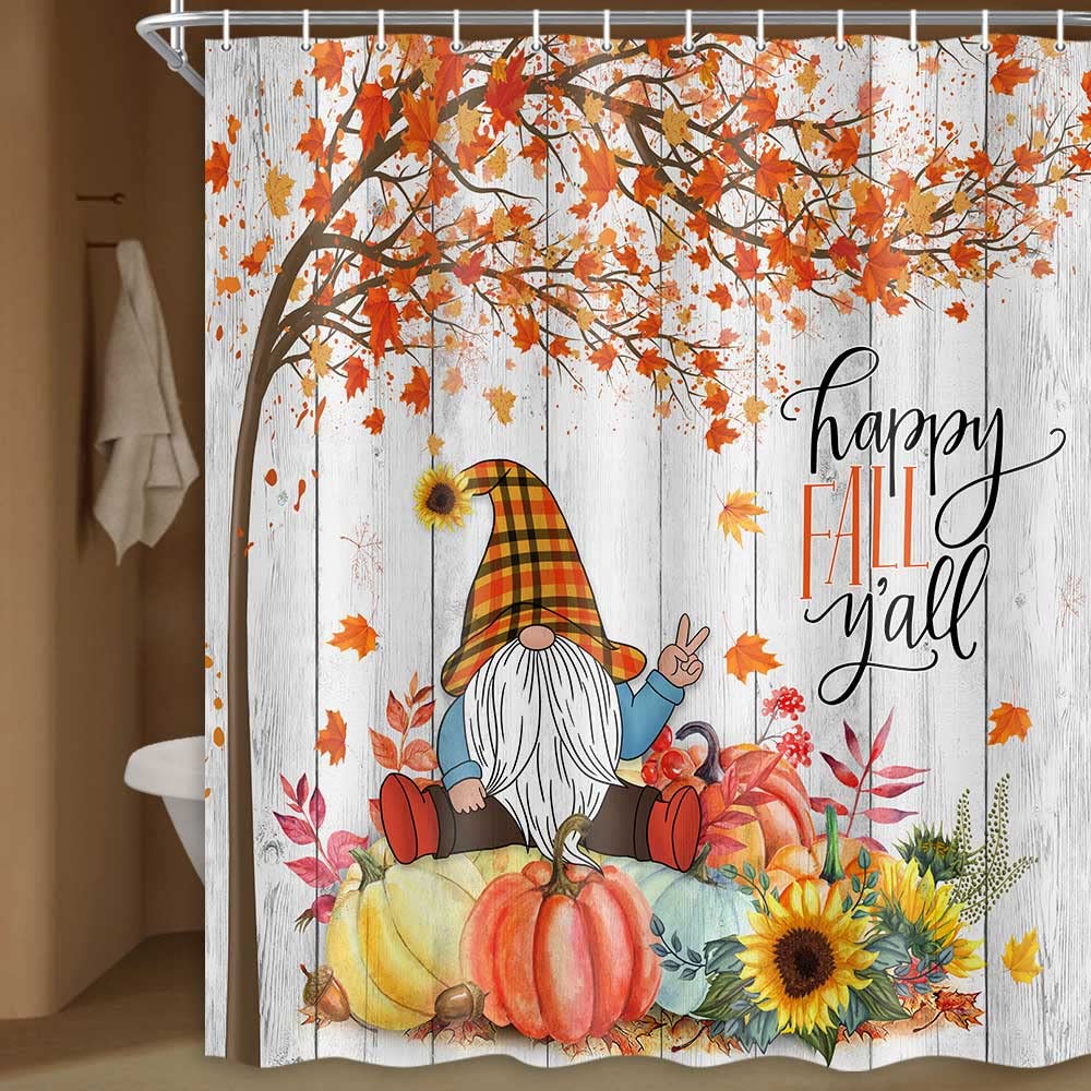 Boziqr Fall Gnome Thanksgiving Shower Curtain, Autumn Maple Tree Leaves Pumpkin Bathroom Curtains, Farmhouse Harvest Rustic Deco