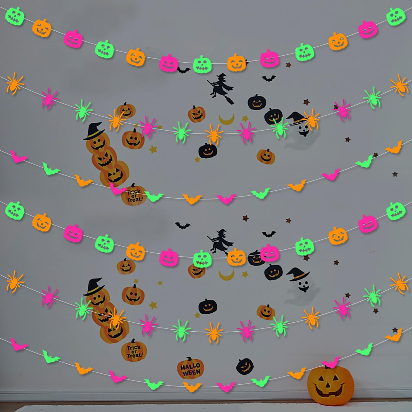 Halloween Party Decorations Neon Banner - 3pcs Glow in The Dark Paper Pumpkin Bats Spiders Hanging Swirls Streamers,Window Firep