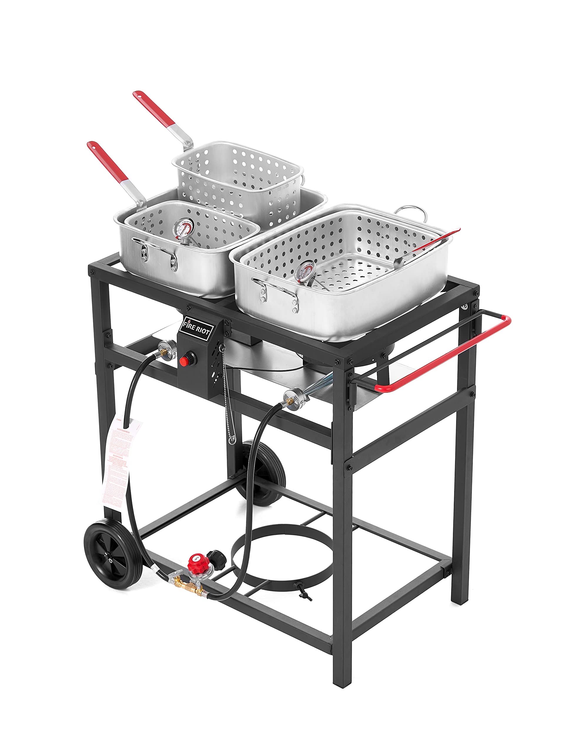 FIRE RIOT Outdoor Double Burner Deep Fryer Cart, 2-18QT Aluminum Pots, Medium, Black/Silver, Model HTK200KD