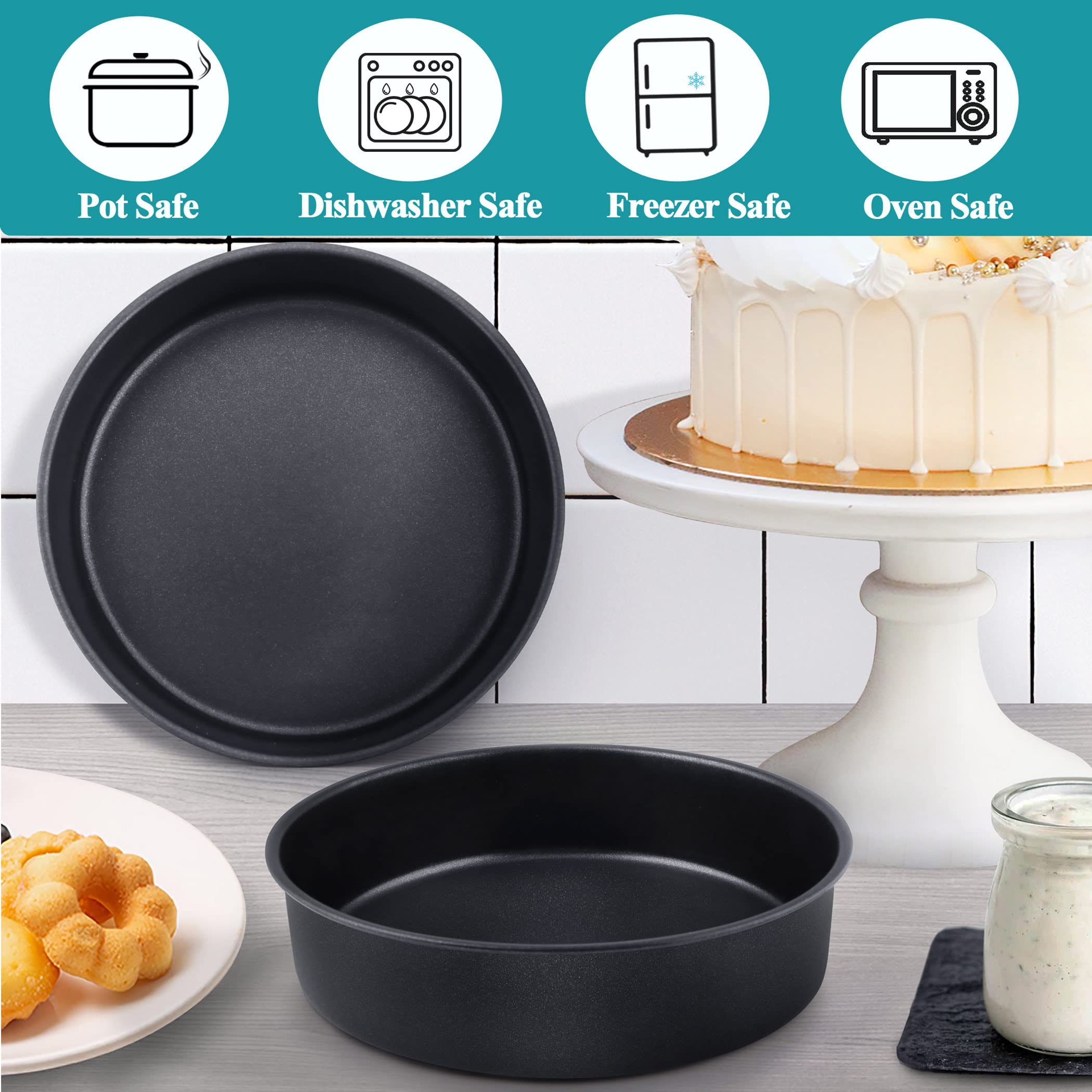 Lianyu 8 X 2 Inch Round Stainless Steel Cake Pan Set Of 3, Black, Nonstick, Dishwasher Safe