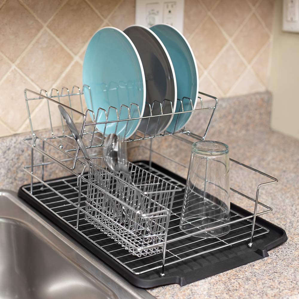 Home Basics Black Kitchen Sink Countertop 2 Tier Dish Rack And Draining Board Cutlery Holder, Fits Large Plates, Dry & Drip Tray
