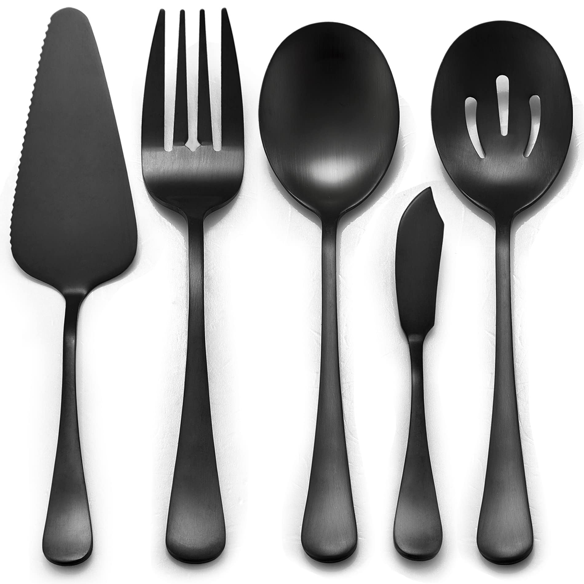 Lianyu 5-Piece Matte Black Serving Utensils Set, Stainless Steel Serving Set Include Serving Spoon Fork, Flatware Serving Pieces