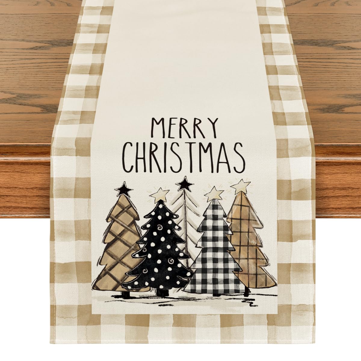 Artoid Mode Watercolor Brown Buffalo Plaid Christmas Trees Merry Xmas Table Runner, Seasonal Winter Holiday Kitchen Dining Table