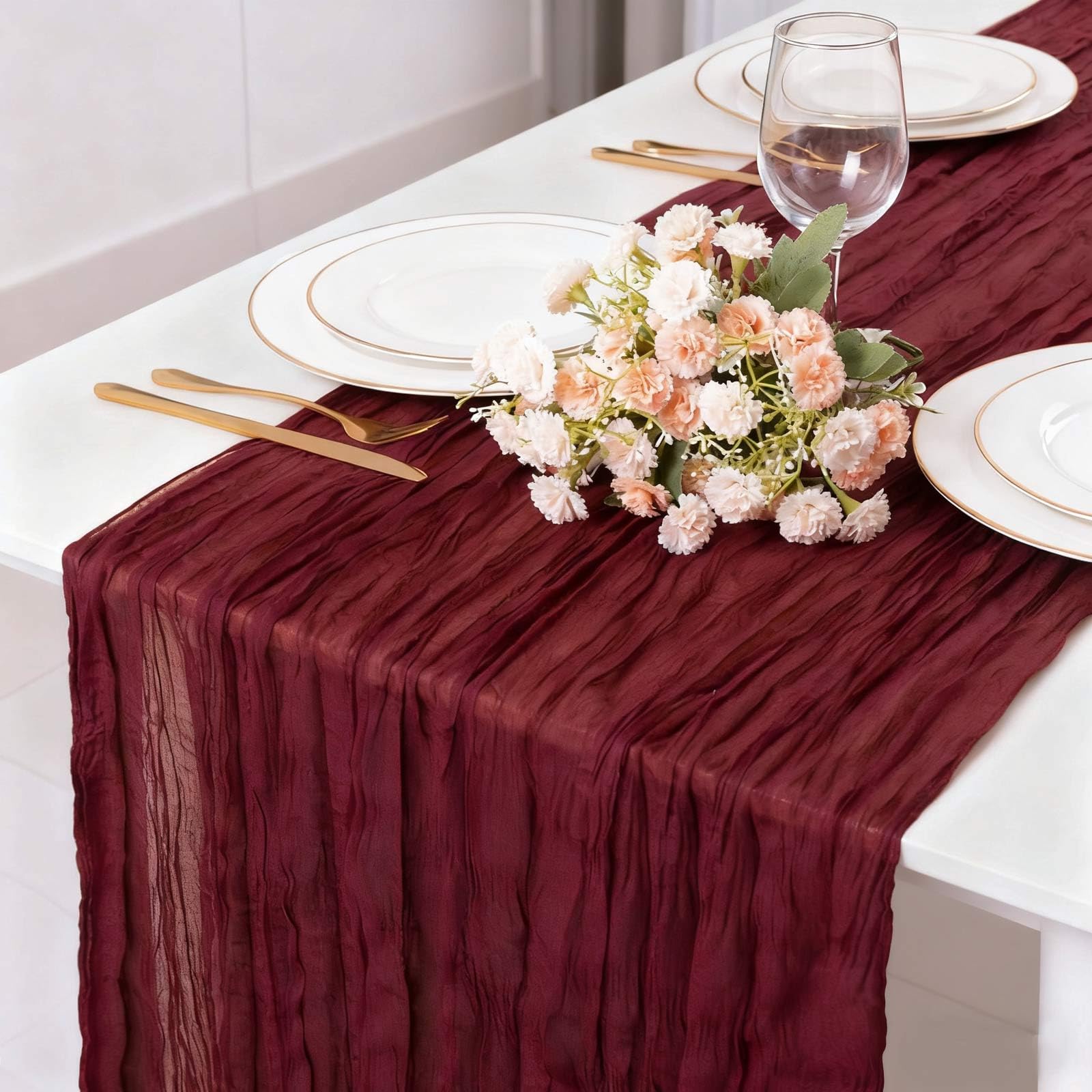 TuTive Burgundy Red Fall Thanksgiving Cheesecloth Table Runner 13.3FT Long Boho Vintage Rustic Gauze Wedding Dining Table Decora