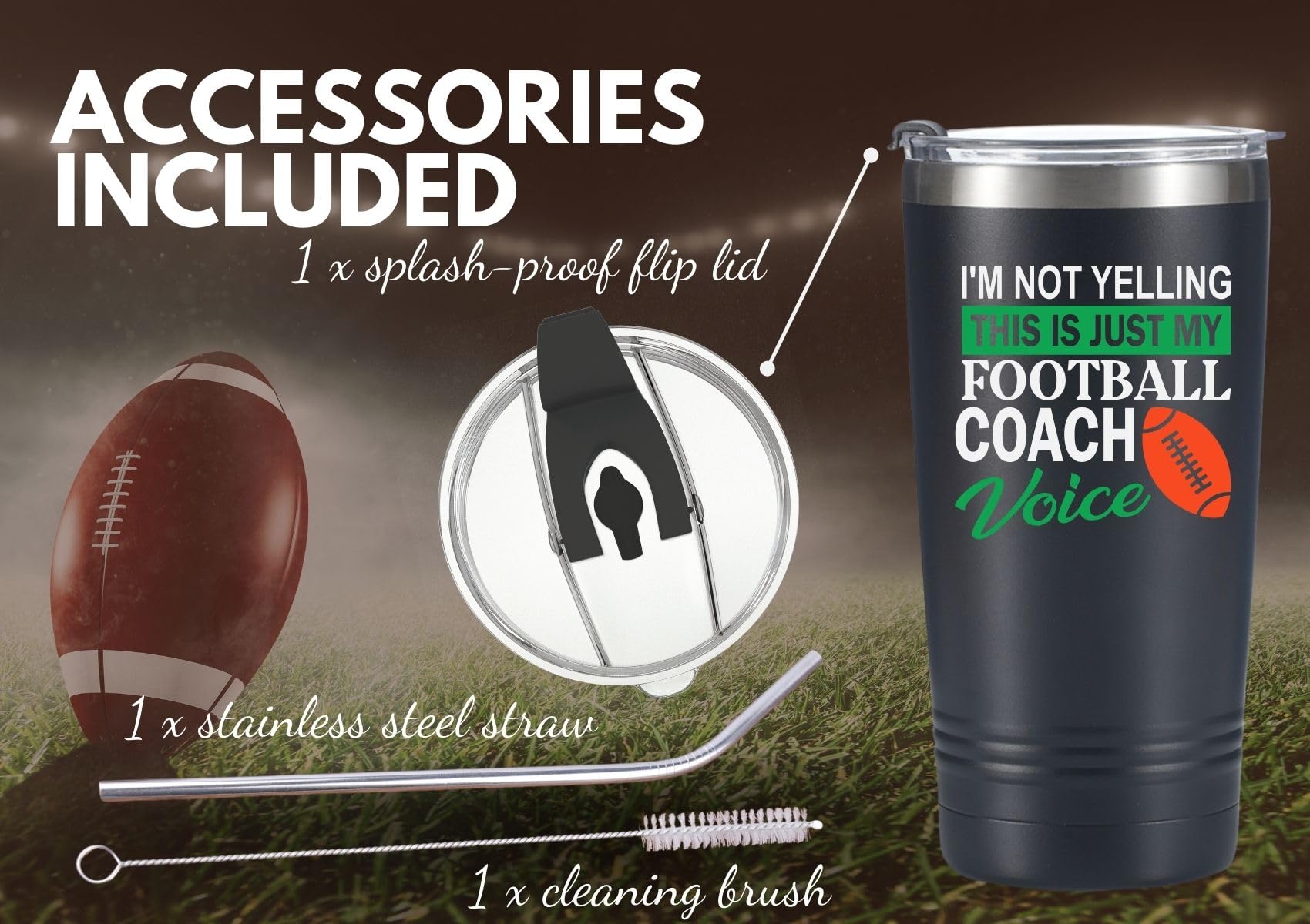 Onebttl Football Coach Gifts For Football Lovers, Players, Coaches, 20 Oz Stainless Steel Travel Tumbler With Lid & Straw, Black