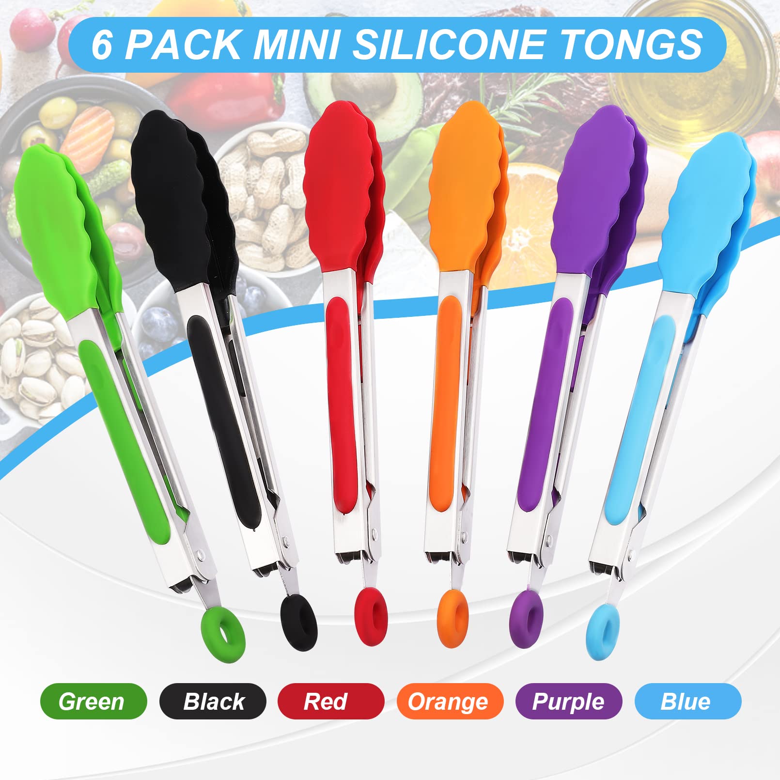 Nunesoke 6Pack Kitchen Tongs,7 Inch Small Silicone Tongs,Serving Tongs With Silicone Tips Sliding Rings,Food Tongs Stainless Ste