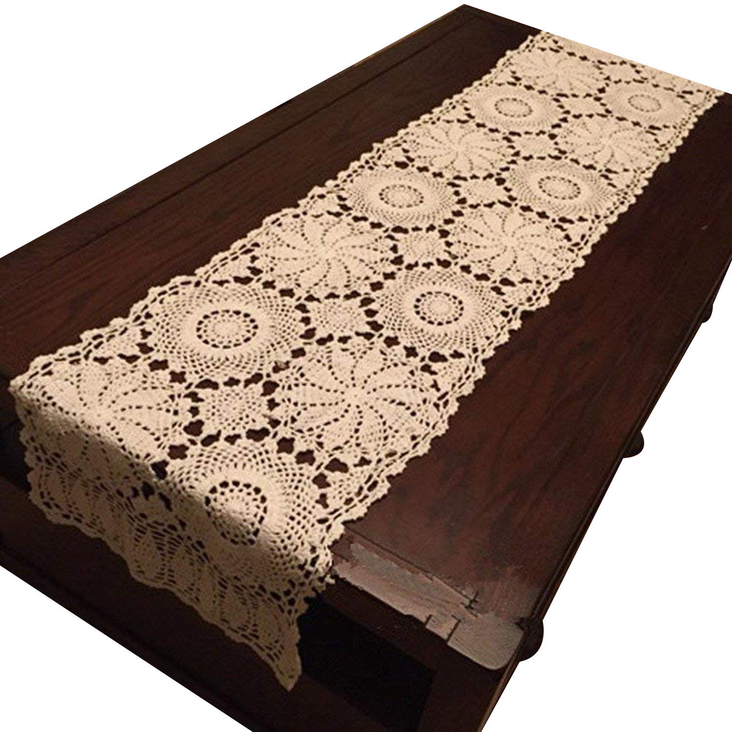 Ustide Floral Crochet Table Runner Cotton Lace Table Runners Crochet Doily Beige 15''X47''