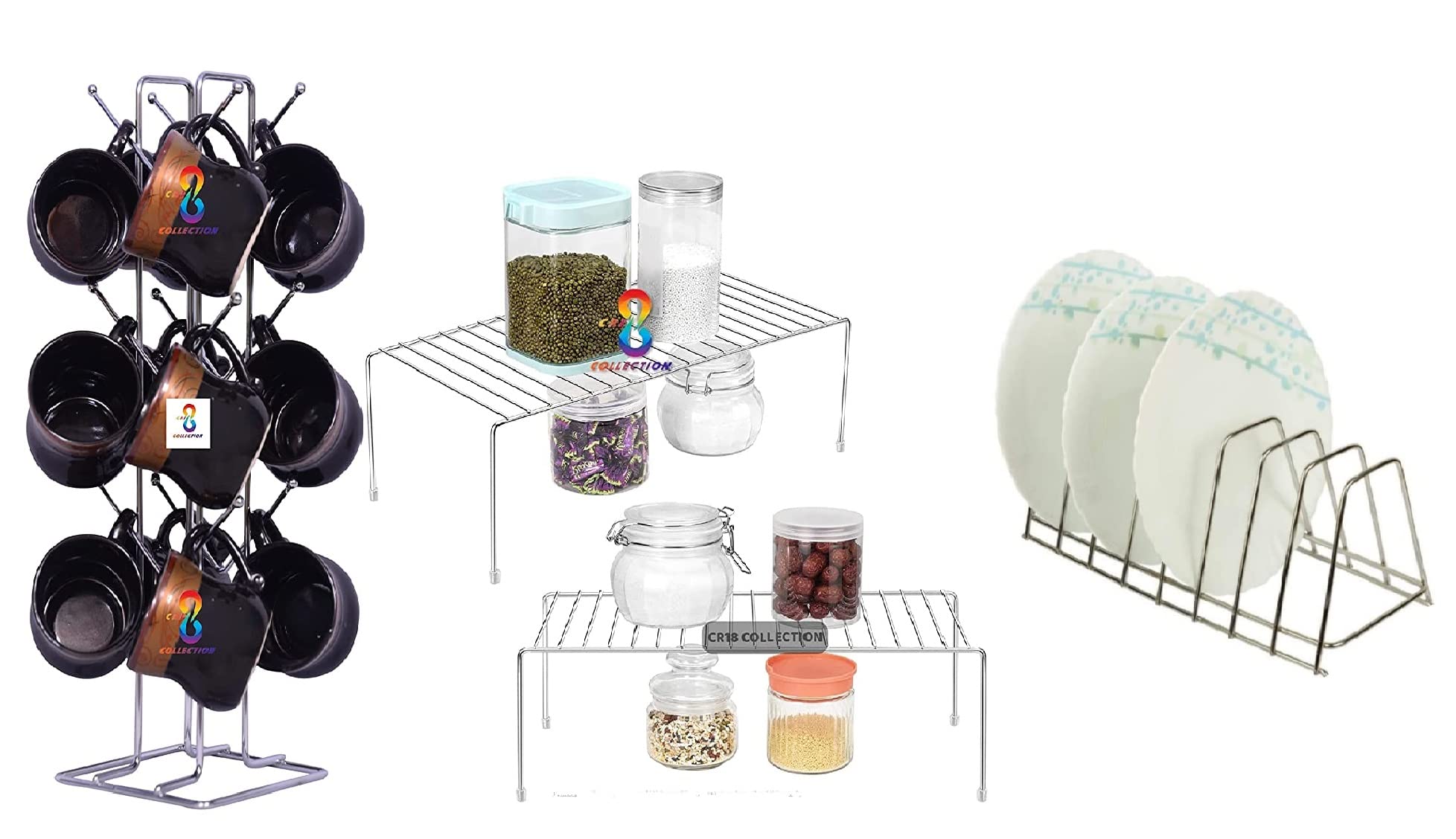 Cr18 Collection 4 Pcs Combo Stainless Steel Cup Stand&Coffee&Tea Mug Holder/12 Hooks For Cups,2 Pcs Torage Shelves For Tiered Sh