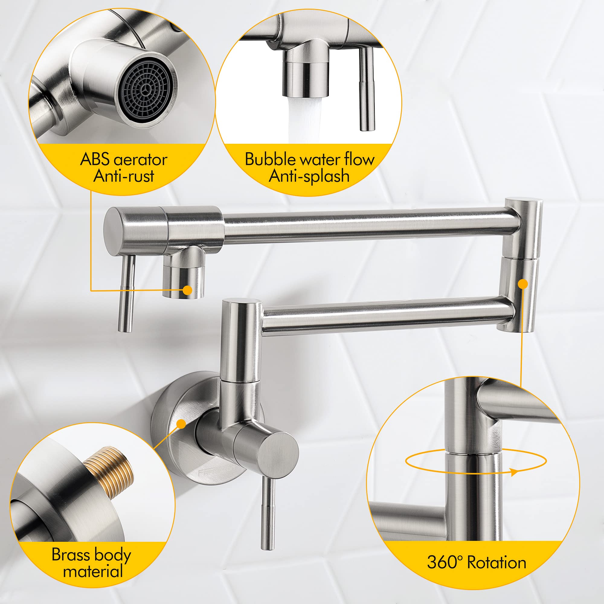 Fransiton Brushed Nickel Pot Filler, Pot Filler Faucet Wall Mount, Brass Folding Stretchable With Double Joint Swing Arm Single
