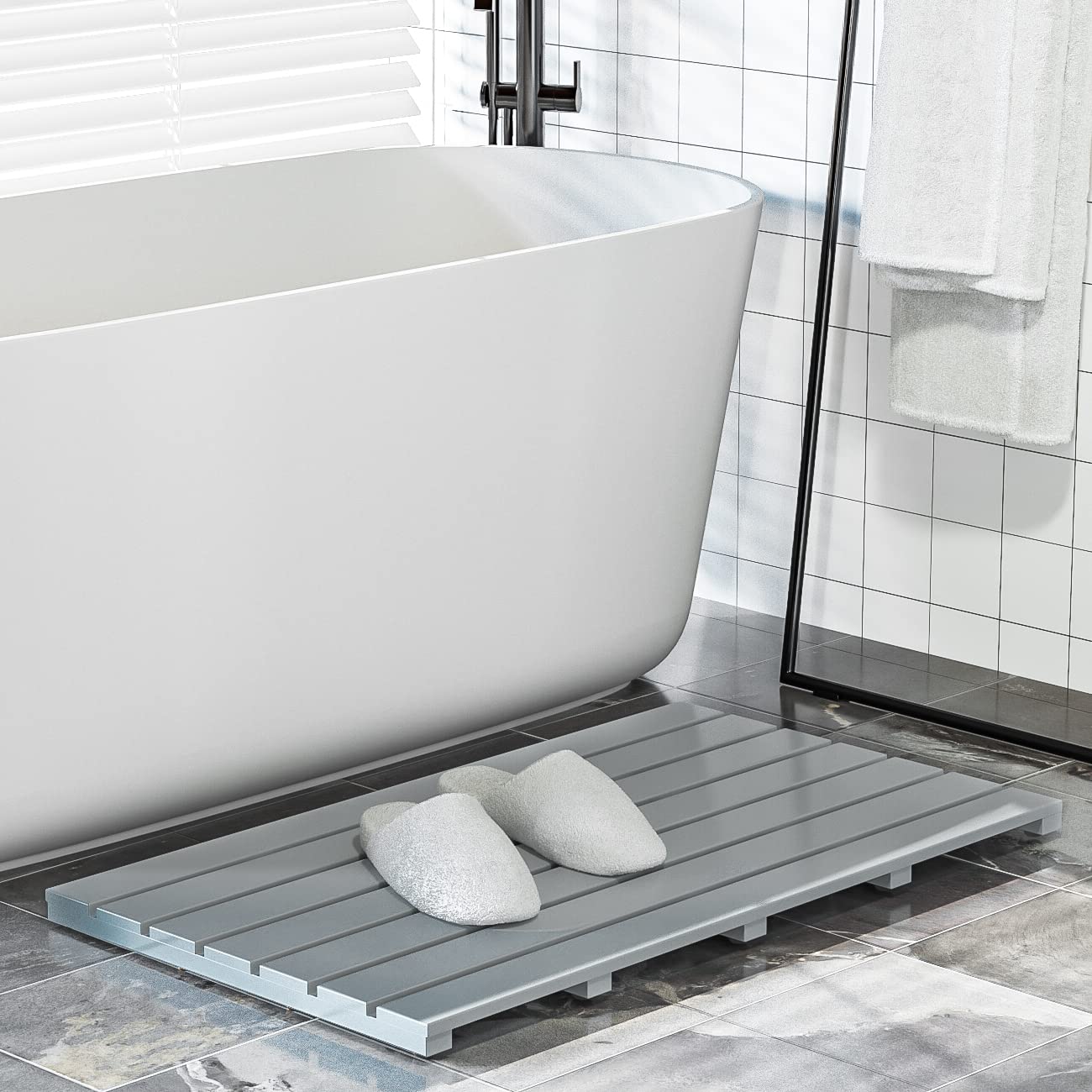 Bamboo Wooden Bath Floor Mat for Luxury Shower - Non-Slip Bathroom Waterproof Carpet for Indoor or Outdoor Use (Bluish Grey 31.3 x 18.1 x 1.5 Inches)