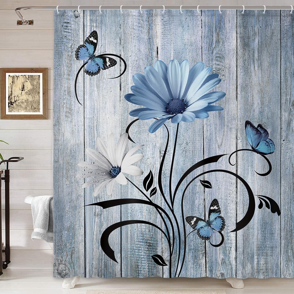 Rustic Farmhouse Floral Shower Curtain, Farm Boho Blue Daisy Flowers And Butterfly On Country Wooden Shower Curtain For Bathroom