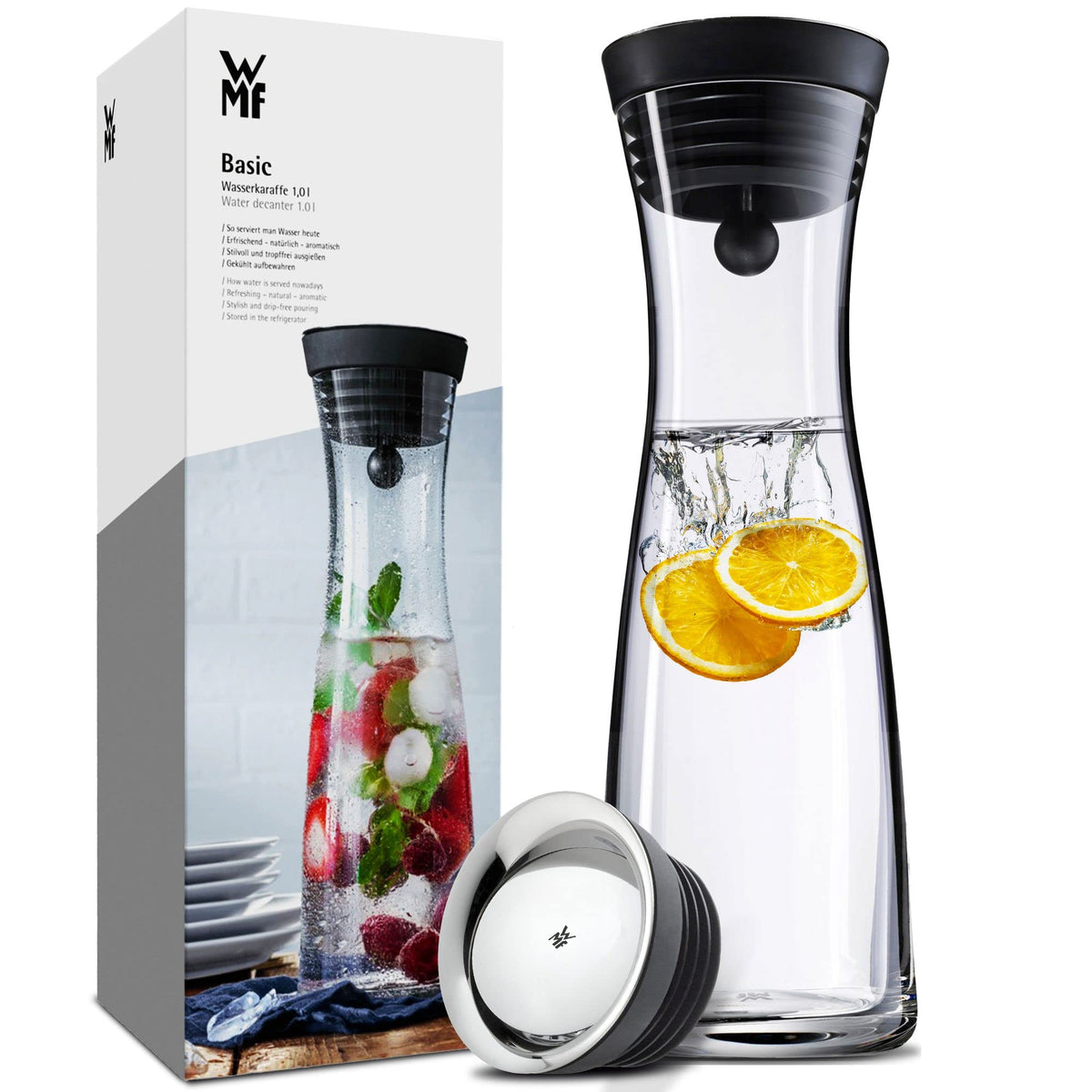 Wmf Basic Water Decanter 1L Height 29 Cm Close-Up Stopper Glass Cromargana Stainless Steel,Silver
