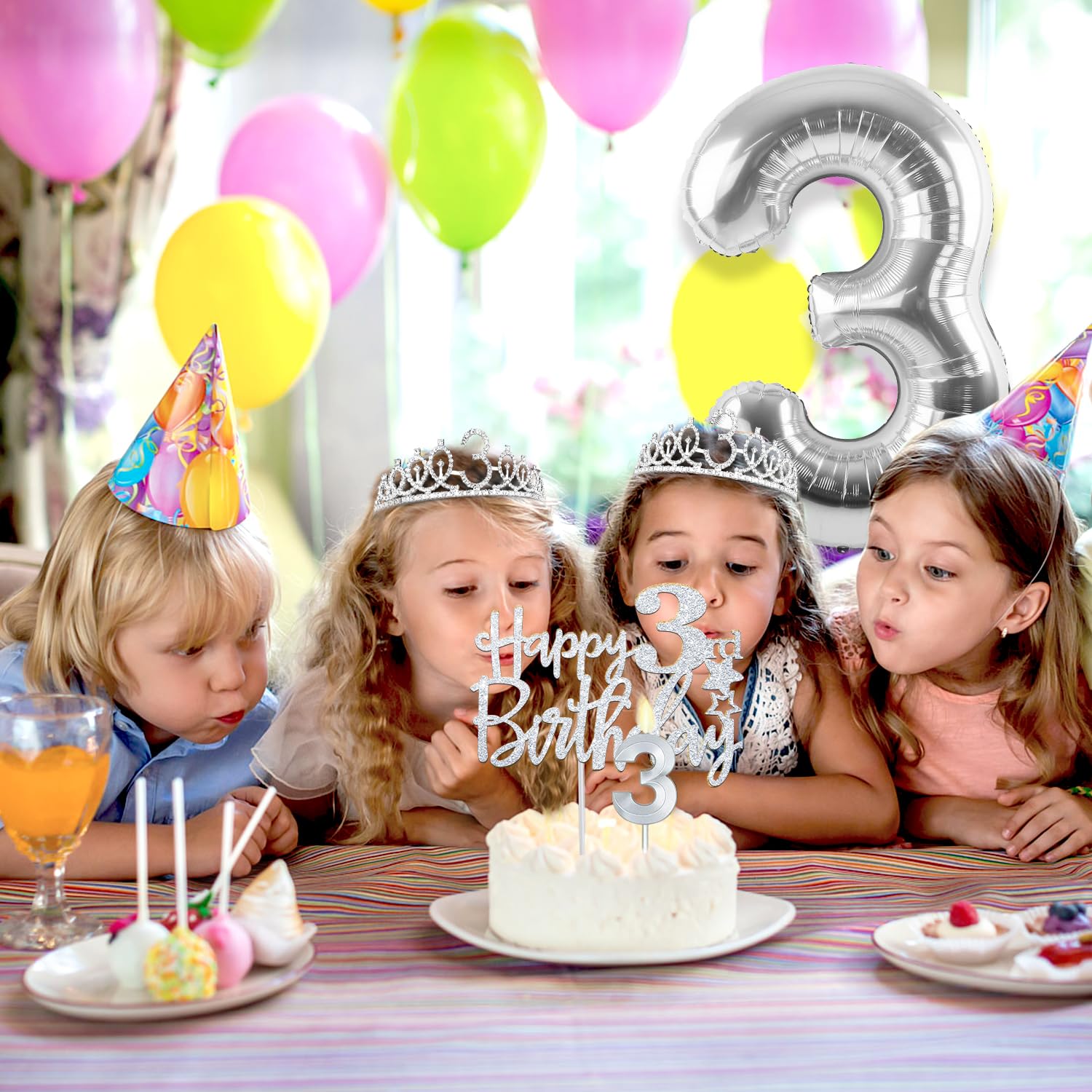 3rd Birthday Decorations for Girls Silver with 3rd Birthday Sash and Tiara, Cake Topper and Candle, Silver Number Balloon, 3 Yea