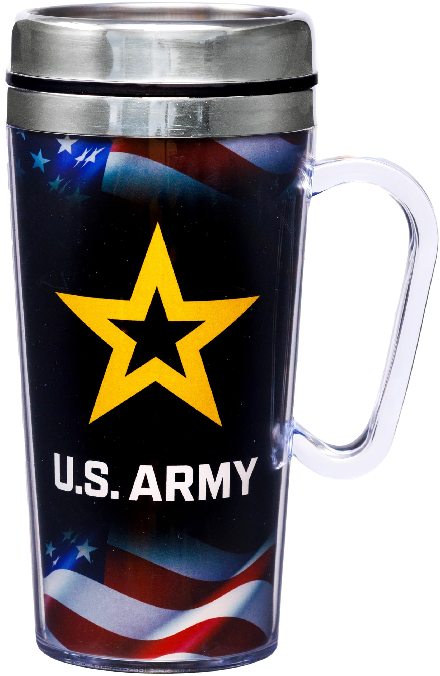 Spoontiques Insulated Travel Mug, 14oz  Double Wall Stainless & Acrylic Drink Cup with Twist Top Lid & Handle  US Army