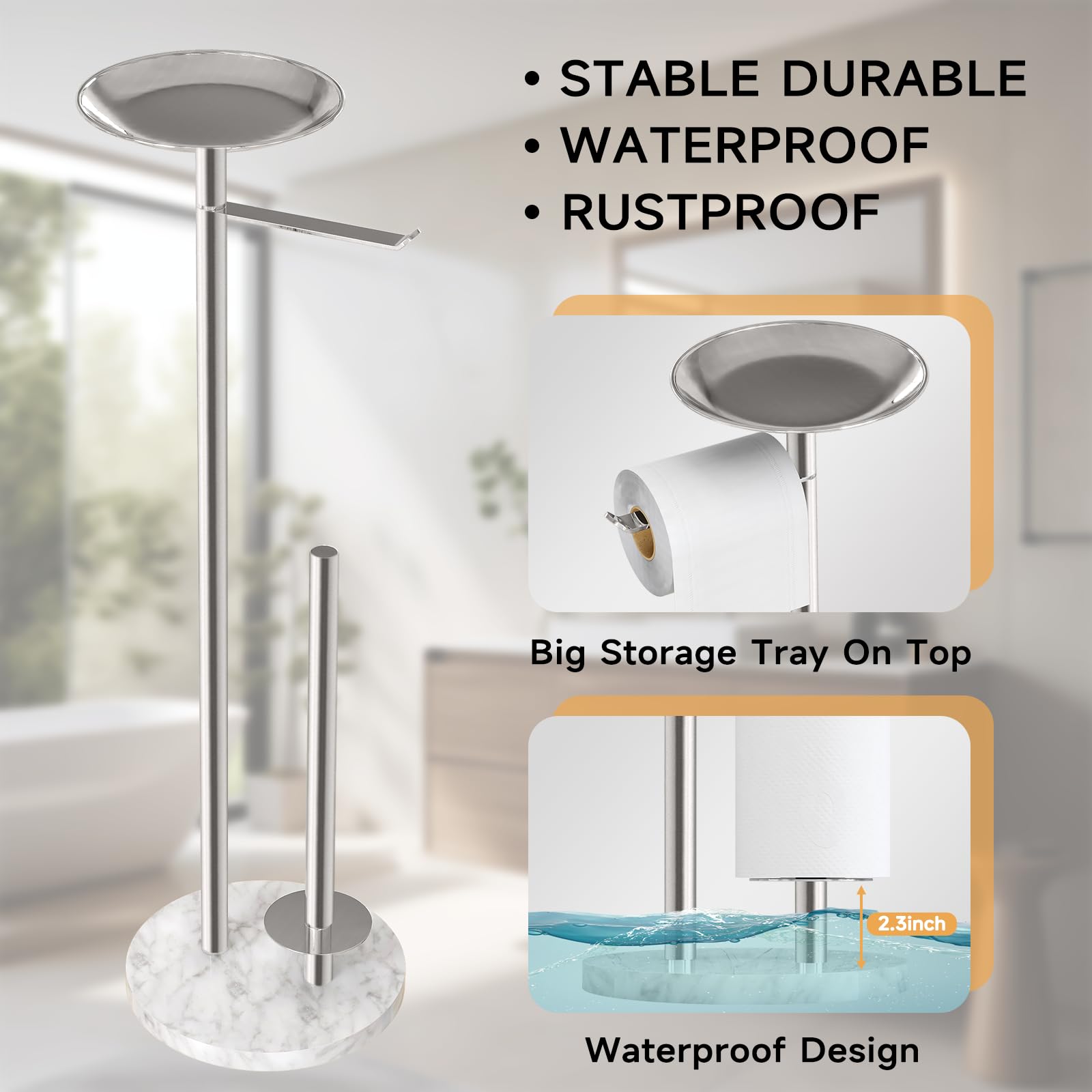 Feilern Toilet Paper Holder Stand With Marble Base, Toilet Paper Holder Stand Free Standing With Phone Shelf, Large Capacity Bat
