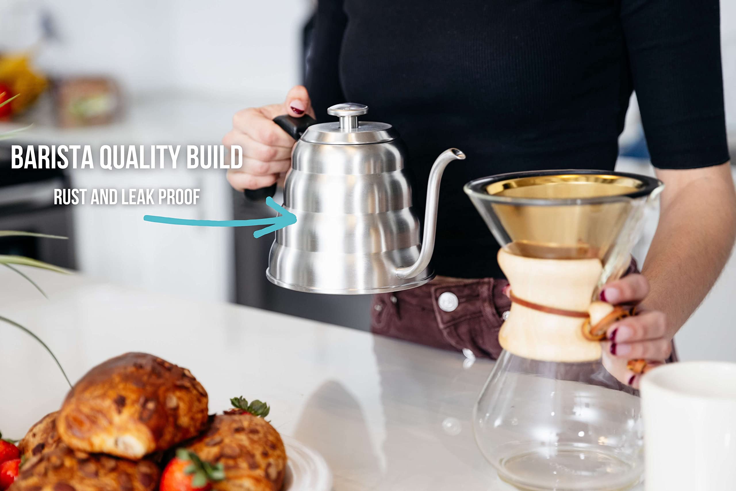 Barista Warrior Gooseneck Kettle For Pour Over Coffee And Tea With Thermometer For Exact Temperature, Precision Pour Drip Spout,