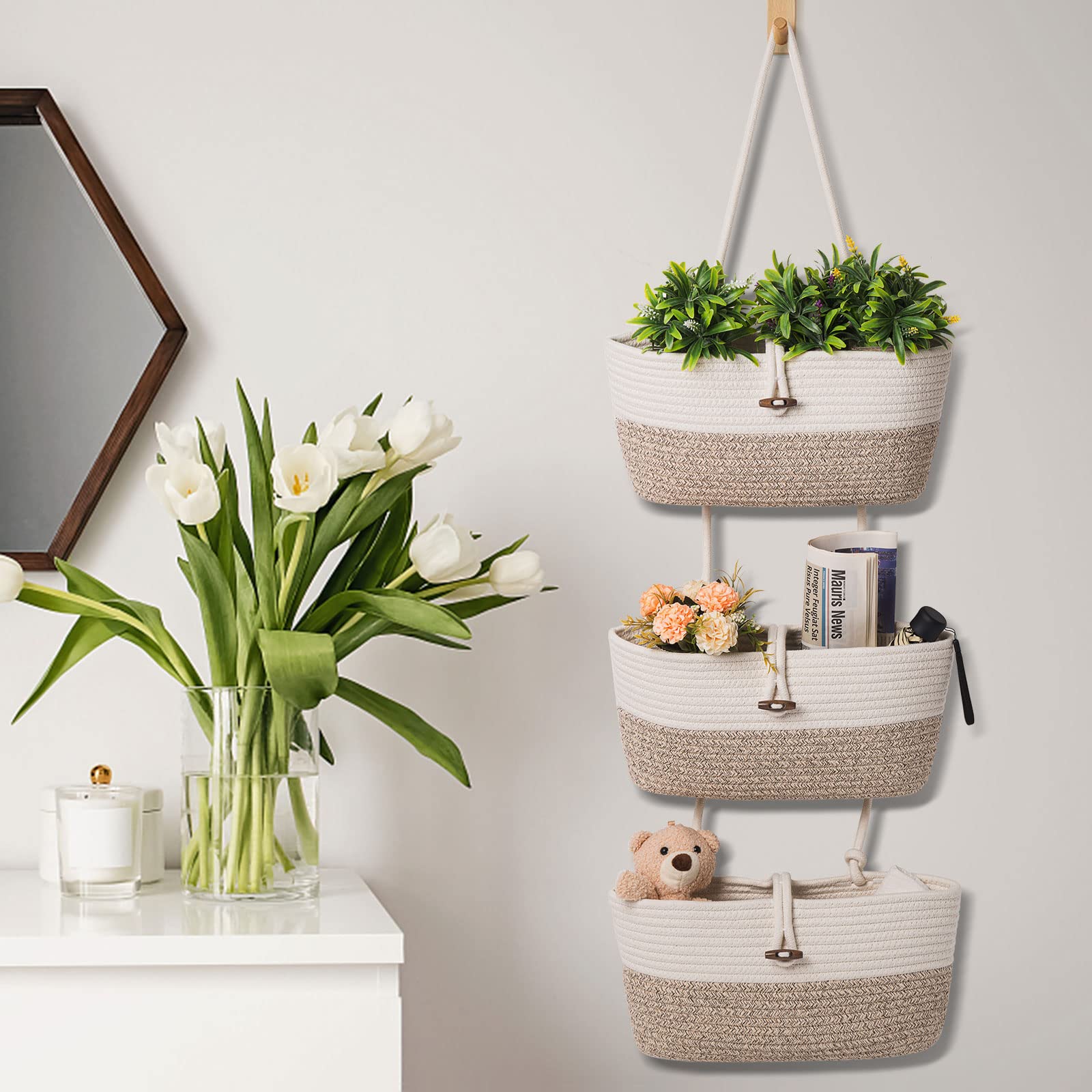 Oradrem Over The Door Basket Cotton Rope Organizer, 3-Tier Wall Hanging Storage Basket, Closet Organizing, Decorative Baskets Fo