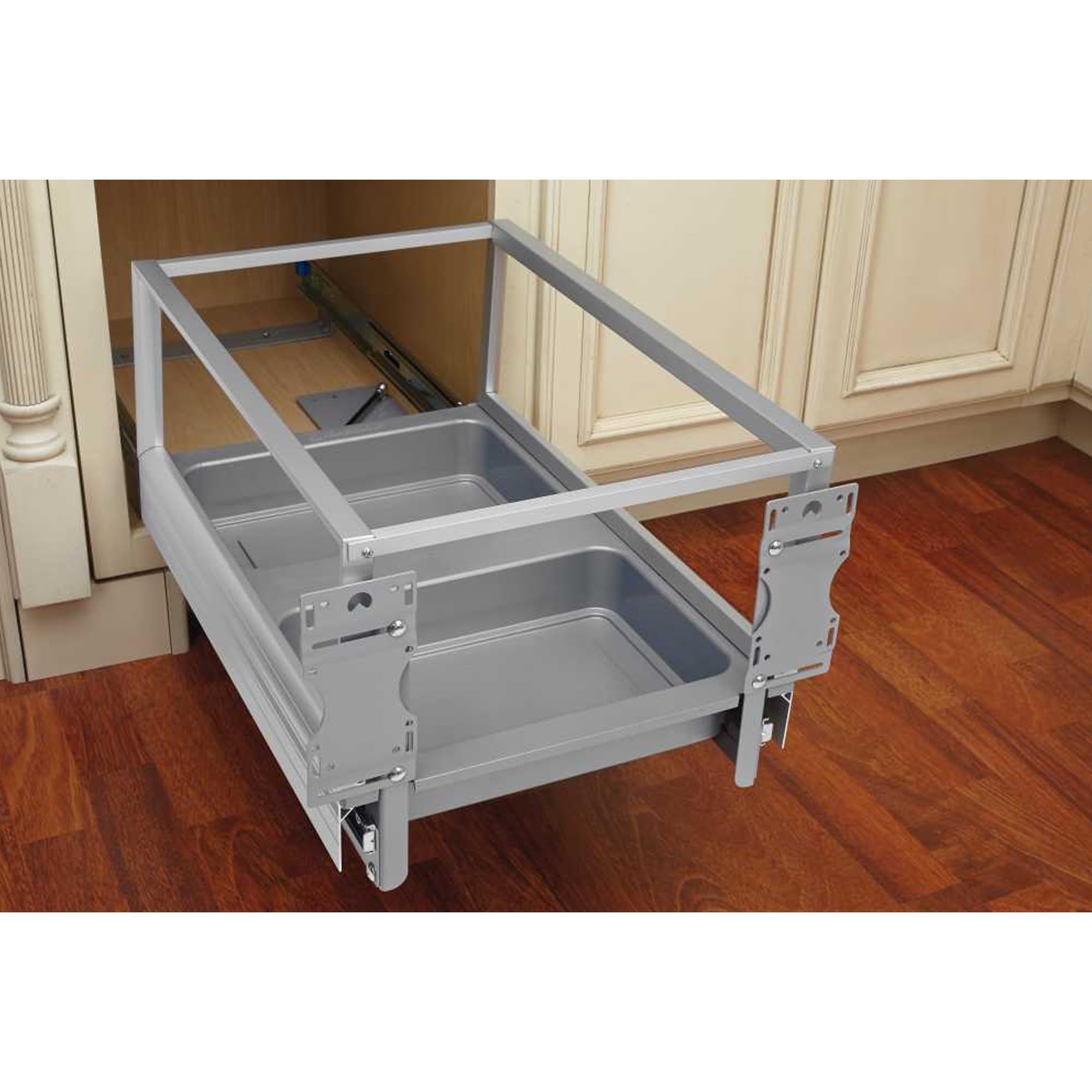 Rev-A-Shelf Double 50 Quart Pull Out Trash Can For Base Kitchen Cabinets, Storage Garage Bin On Wire Basket With Soft Close, Sil