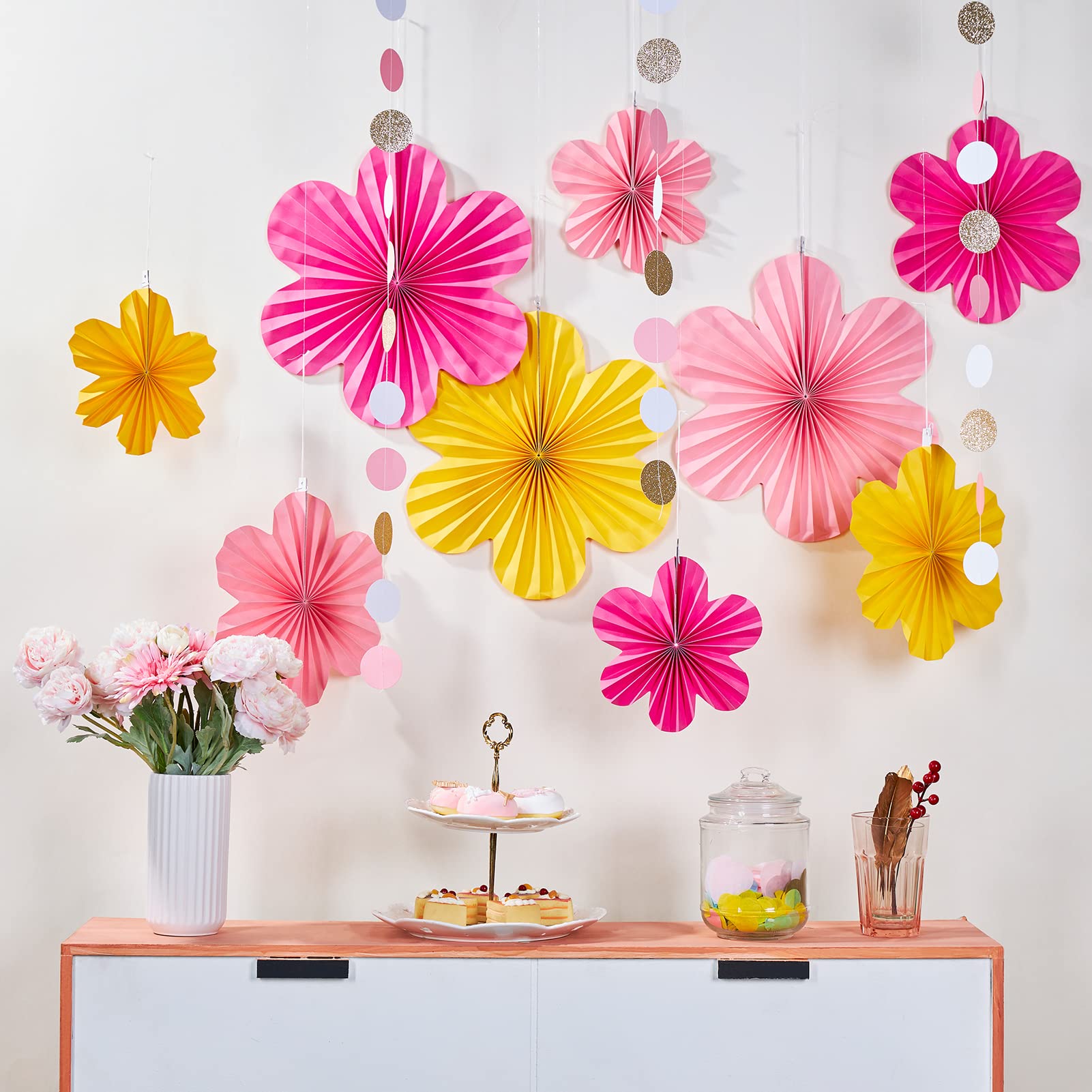 SUNBEAUTY Paper Flowers Decorations for Wall Paper Fans Classroom Decoration Paper Floral Backdrop Decor Paper Fans Decoration Hanging Paper Fans Pink Flower Wall Decor Set of 9