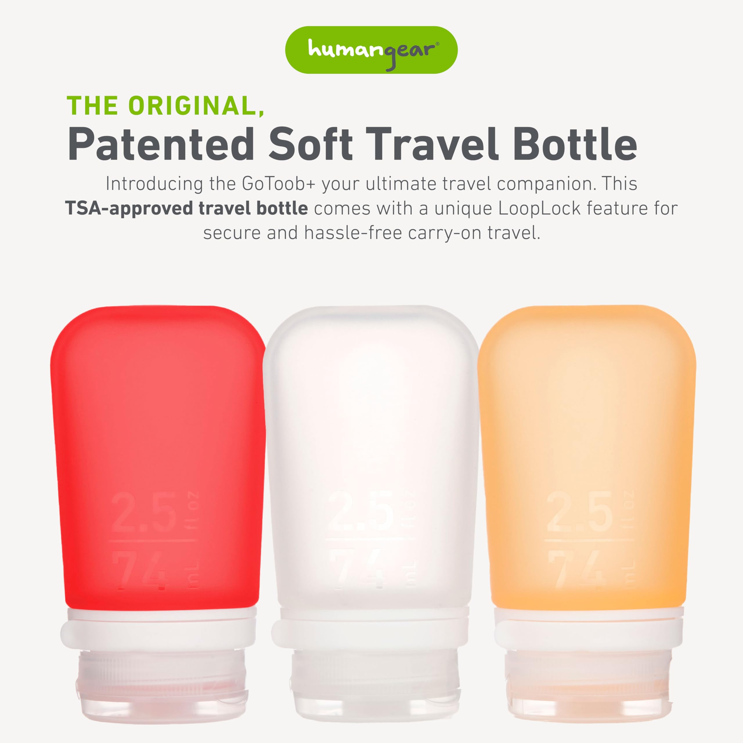Humangear Gotoob+ 3-Pack (Medium) | Refillable Silicone Travel Bottle | Locking Lid | Food-Safe Material, Clear/Red/Orange, Medi