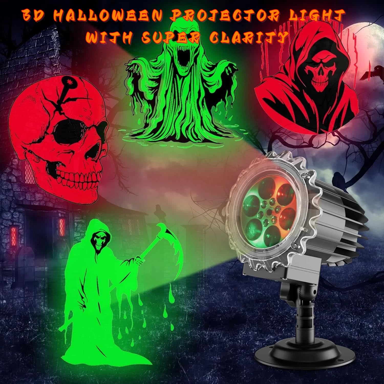 Halloween Projector Lights Outdoor,2025 Upgraded 3D HD Dynamic Skull Ghost Decorations Light,Waterproof Holiday Light,Terror Atm