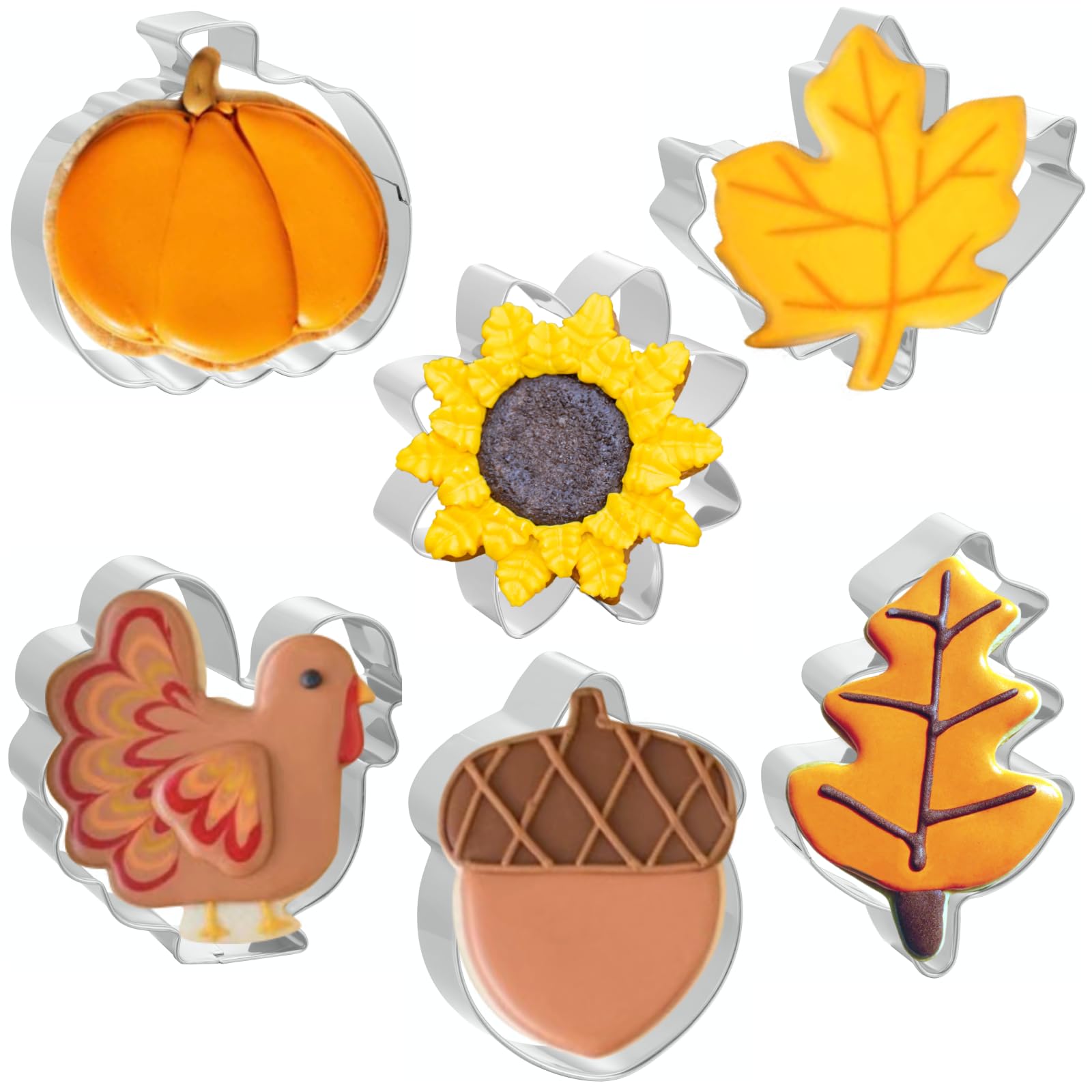 Job Jol Fall Thanksgiving Cookie Cutters 6 Pcs, 3 ' ' To 3.5 ' ', Pumpkin, Leaf, Turkey, Acorn, Sunflower