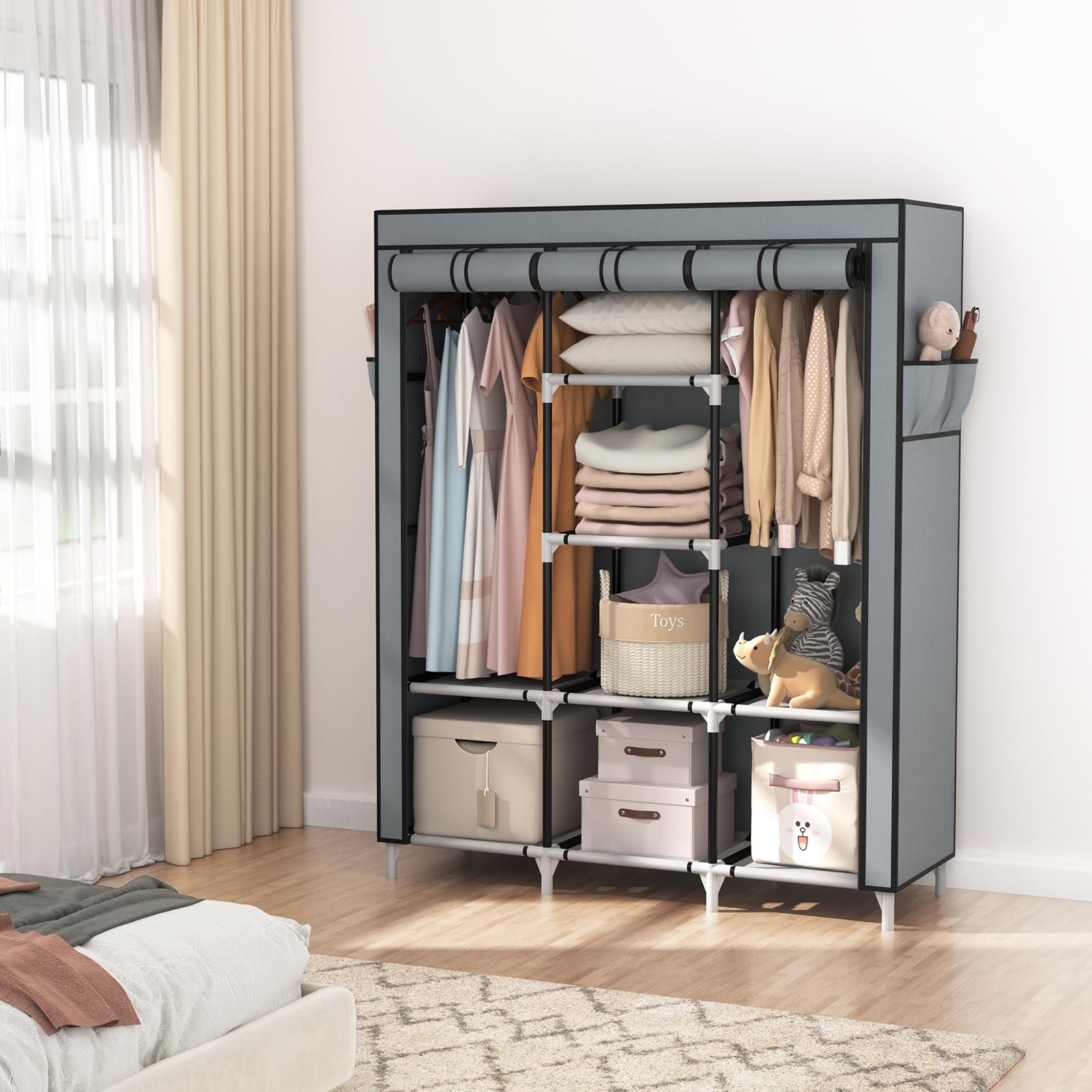 Vtrin Portable Closet Wardrobe For Hanging Clothes With 2 Hanging Rods And 8 Storage Organizer Shelves,Sturdy Large Wardrobe Clo