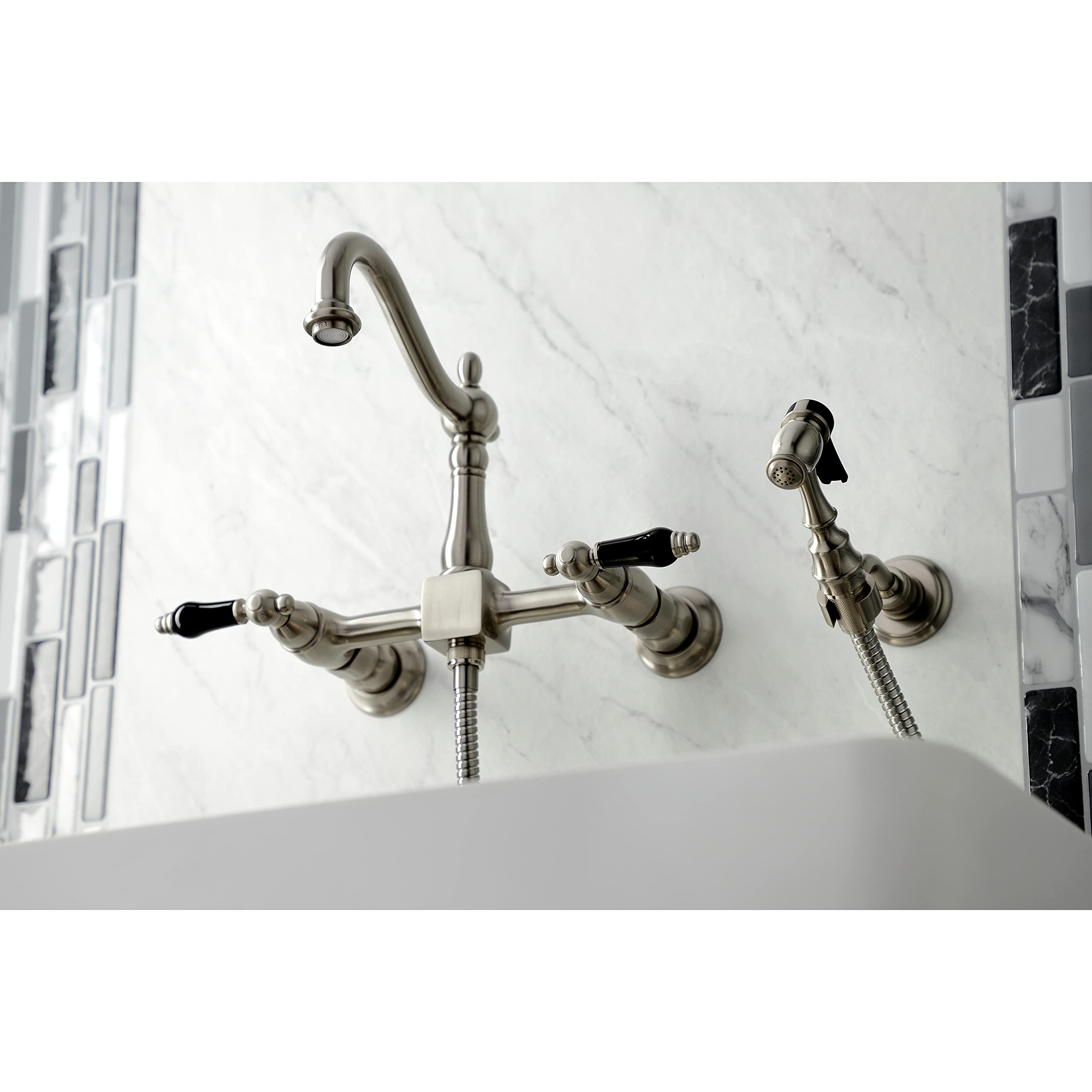 Kingston Brass KS1268PKLBS Duchess Wall Mount Bridge Kitchen Faucet with Brass Sprayer  Brushed Nickel
