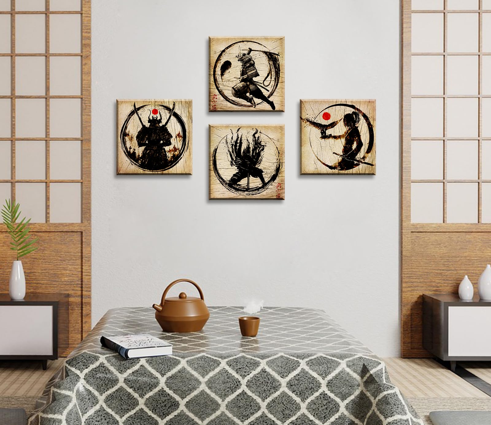Japanese Decor Wall Art Retro Japanese Armored Samurai Painting Anime Posters Canvas Pictures Office Vintage Black Asian Modern