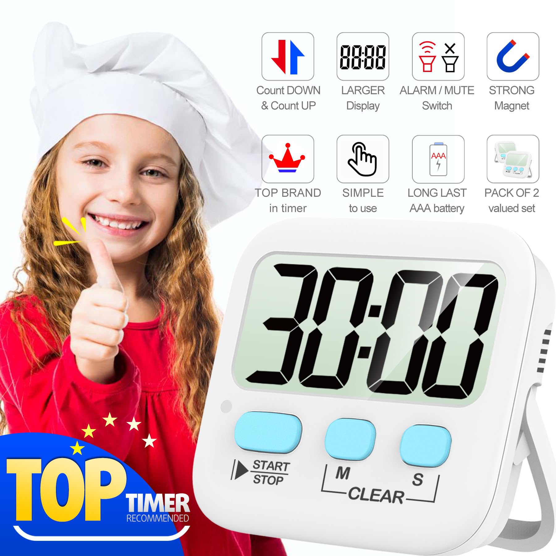 Antonki 2 Pack Digital Timer For Kids, Magnetic Countdown Kitchen Timers For Cooking, Egg, Classroom, Teacher, Exercise, Study,
