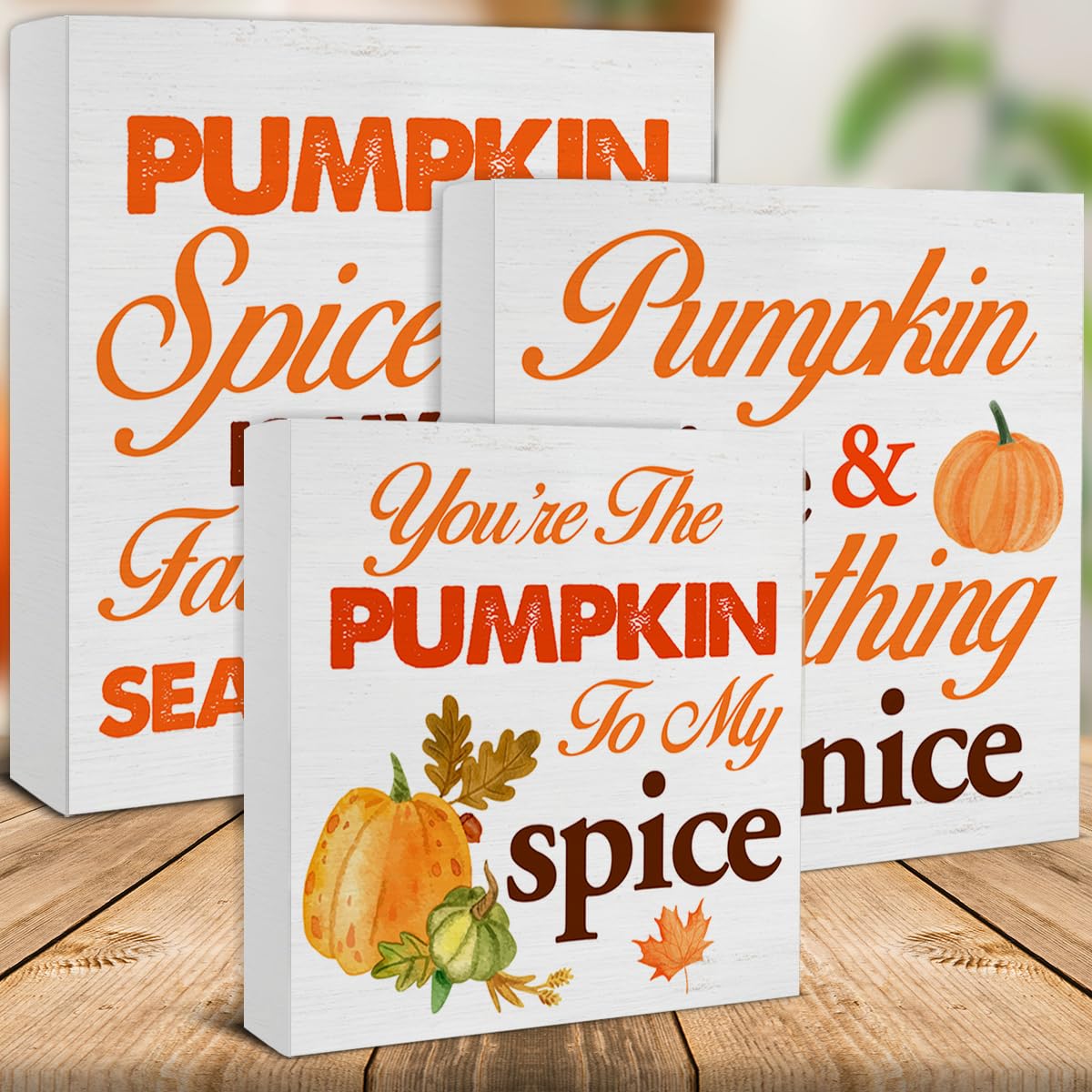 Fall Wood Signs Decor Rustic Fall Pumpkin Spice Wooden Blocks Signs for Autumn Tiered Tray Table Desk Shelf Decor Set of 3