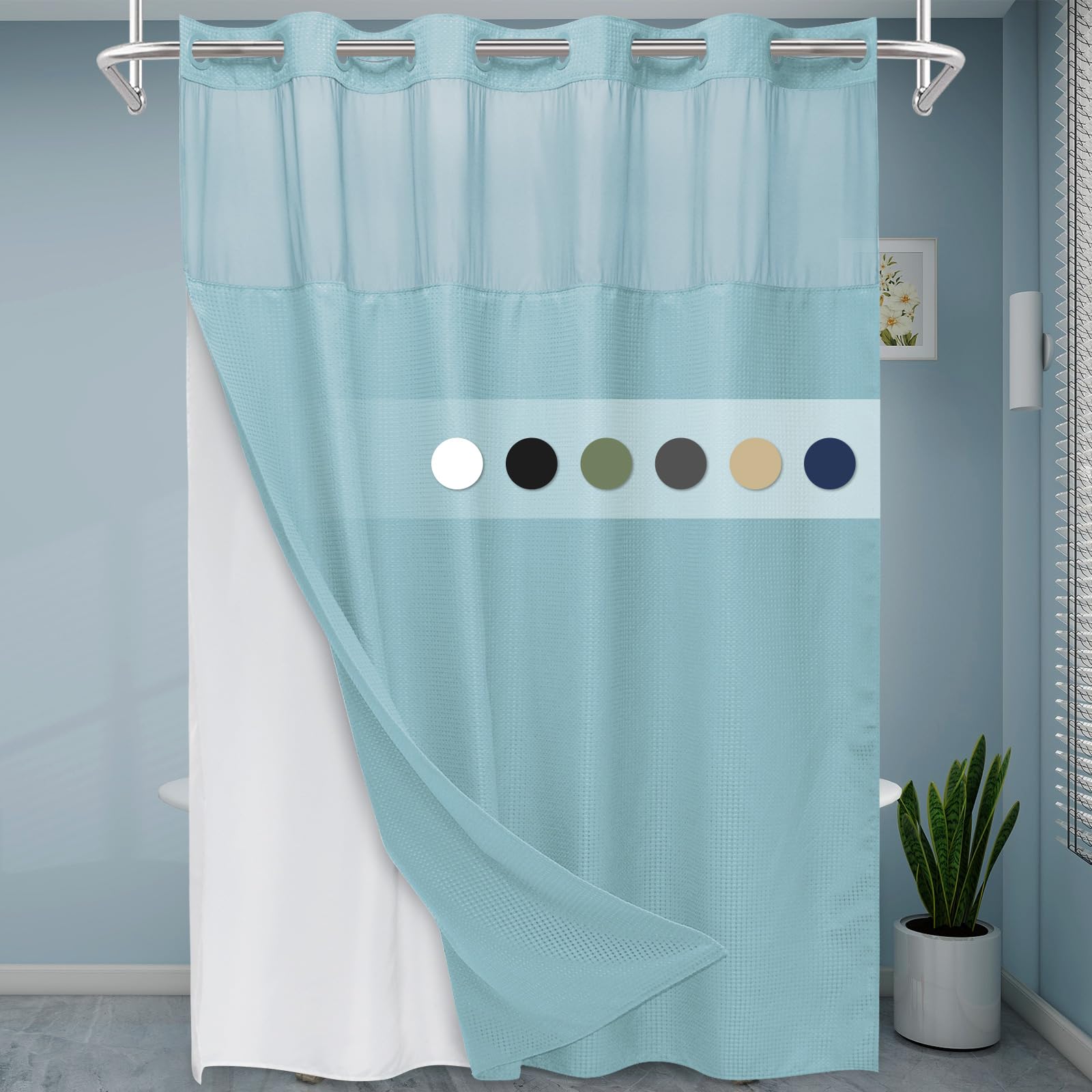 Eutxl Teal Long No Hook Shower Curtain With Snap In Liner,230Gsm Waffle Weave Shower Curtains For Bathroom,71W X 86H