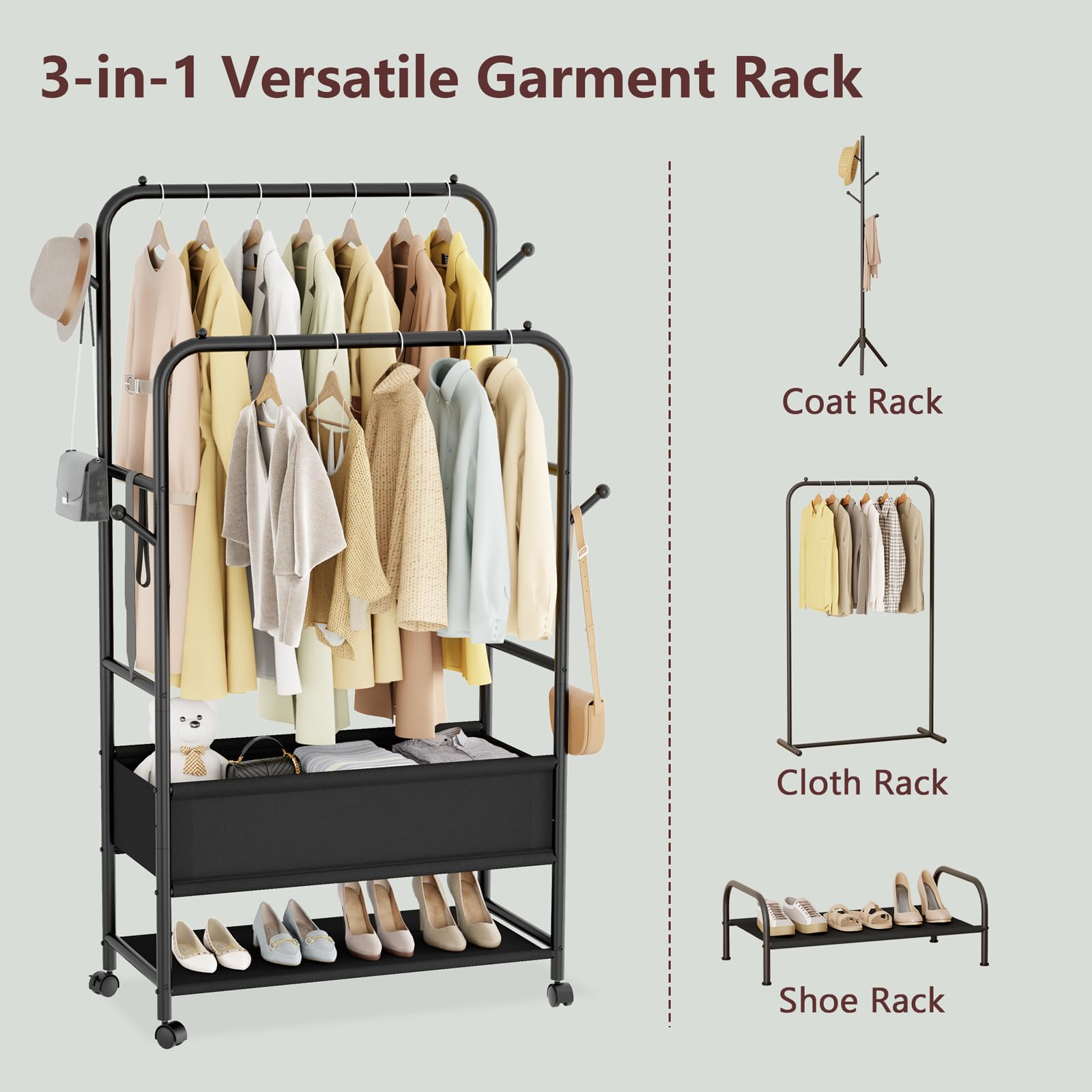 Furologee Portable Rolling Garment Rack, Sturdy Metal Double Rods Clothes Rack, Black, Freestanding for Bedroom, Laundry, Living Room