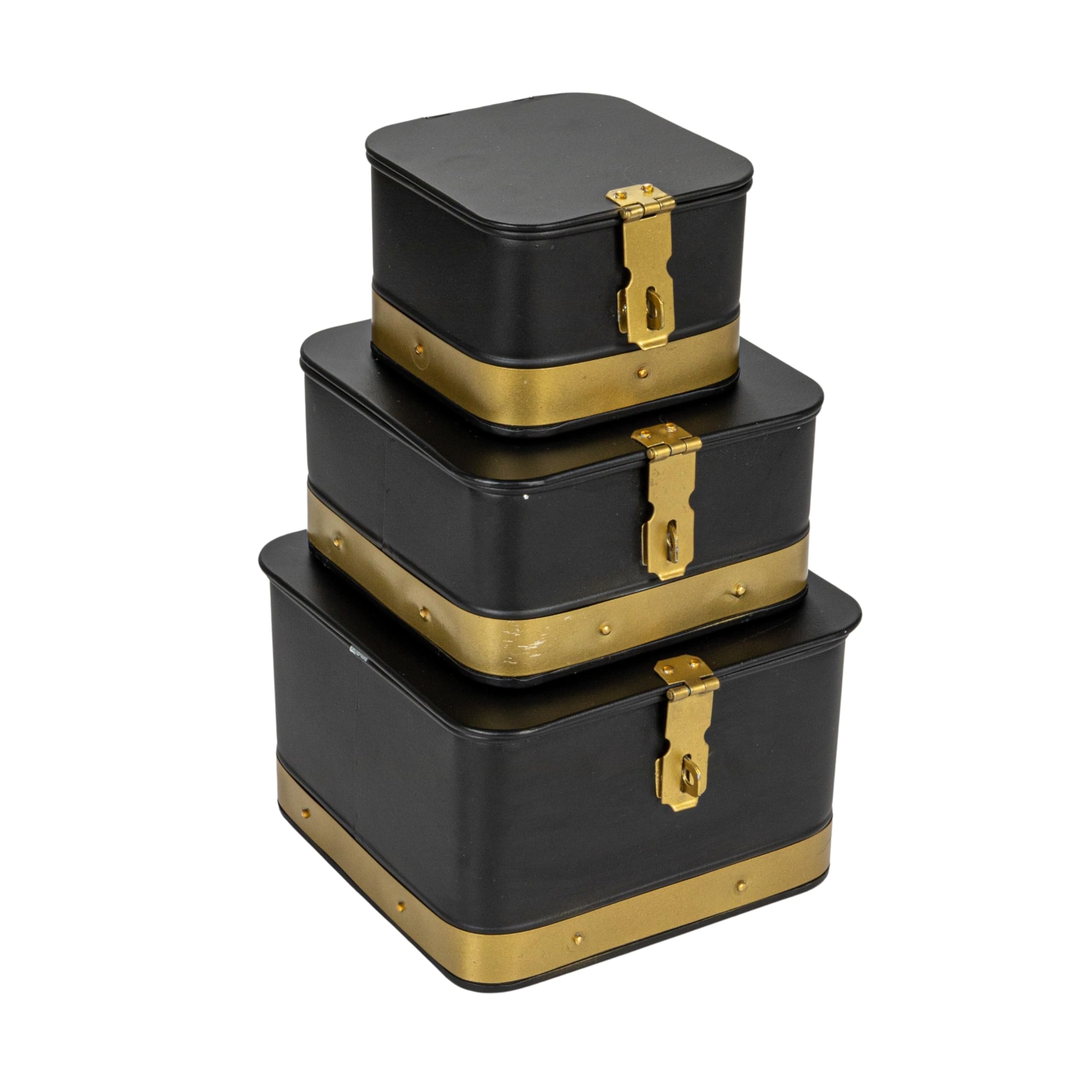 Creative Co-Op Nestable Square Metal Storage Boxes with Hasp Lock, Black, Set of 3