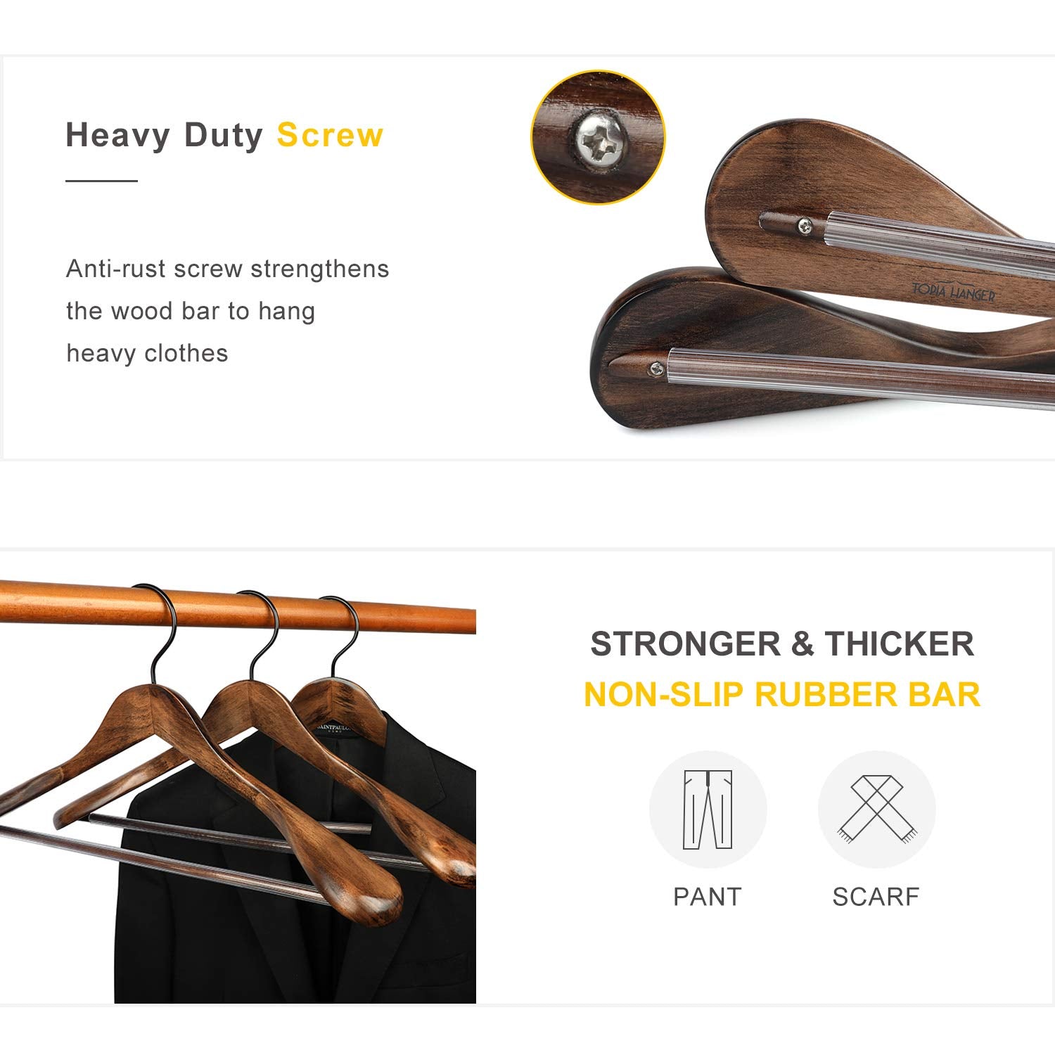 Topia Hanger Set Of 6 Beautiful Coat Suit Jacket Wood Wooden Hangers, Premium Retro Finish With Extra-Wide Shoulder- 360 Black H