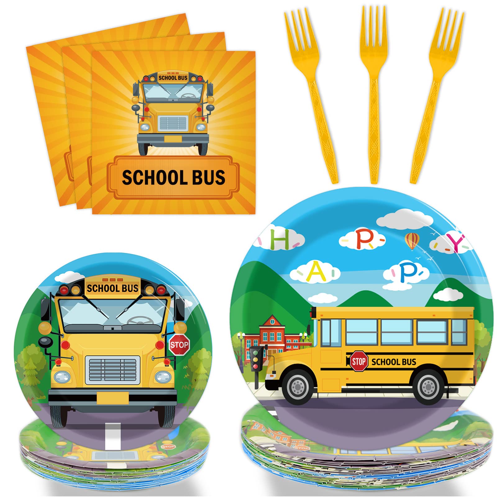 Gisgfim 96 Pcs School Bus Party Plates And Napkins Party Supplies Back To School Birthday Party Tableware Set School Bus Decorat