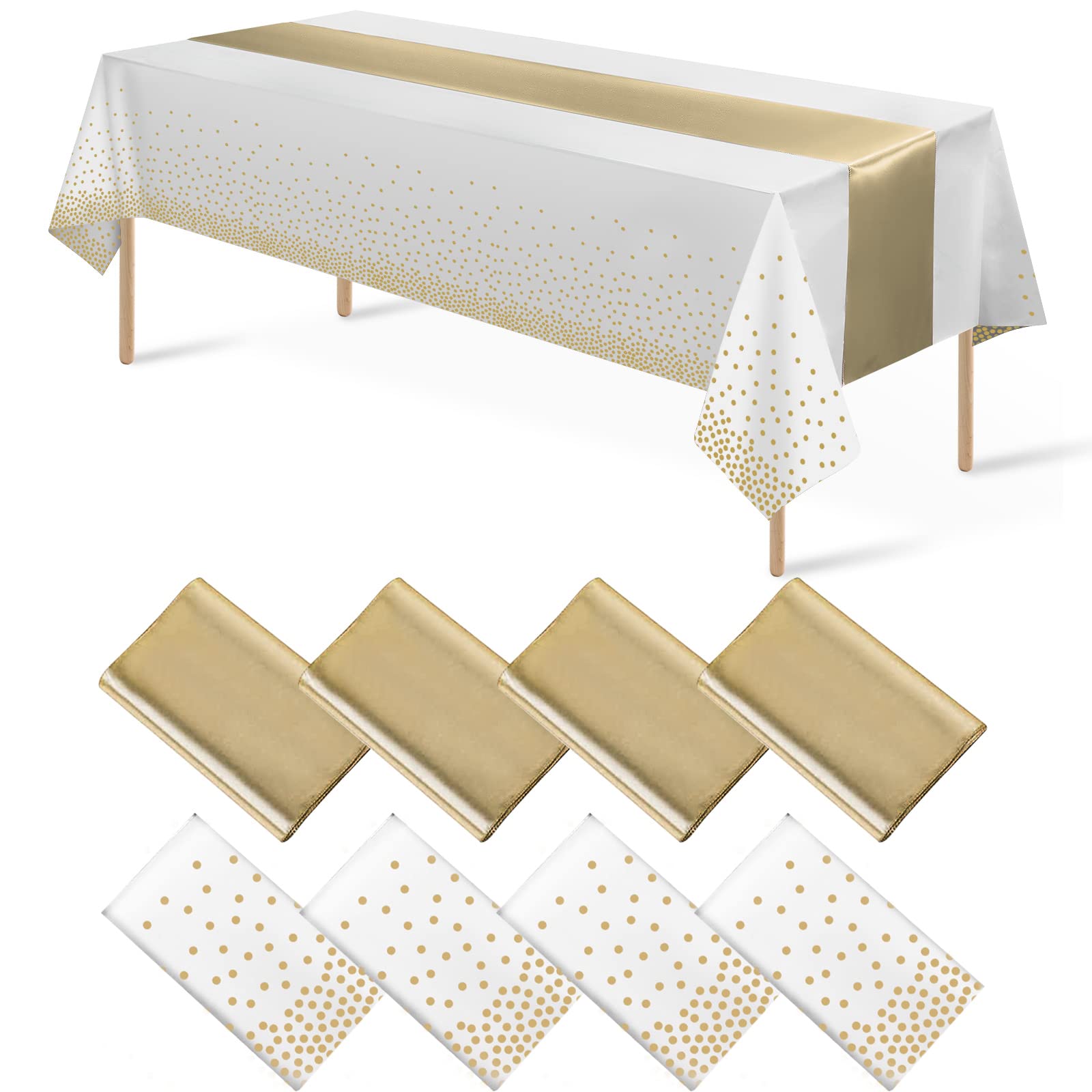 8Pack Disposable Plastic Tablecloths And Satin Table Runner Set White And Gold Dot Tablecloth Gold Satin Table Runner For Weddin