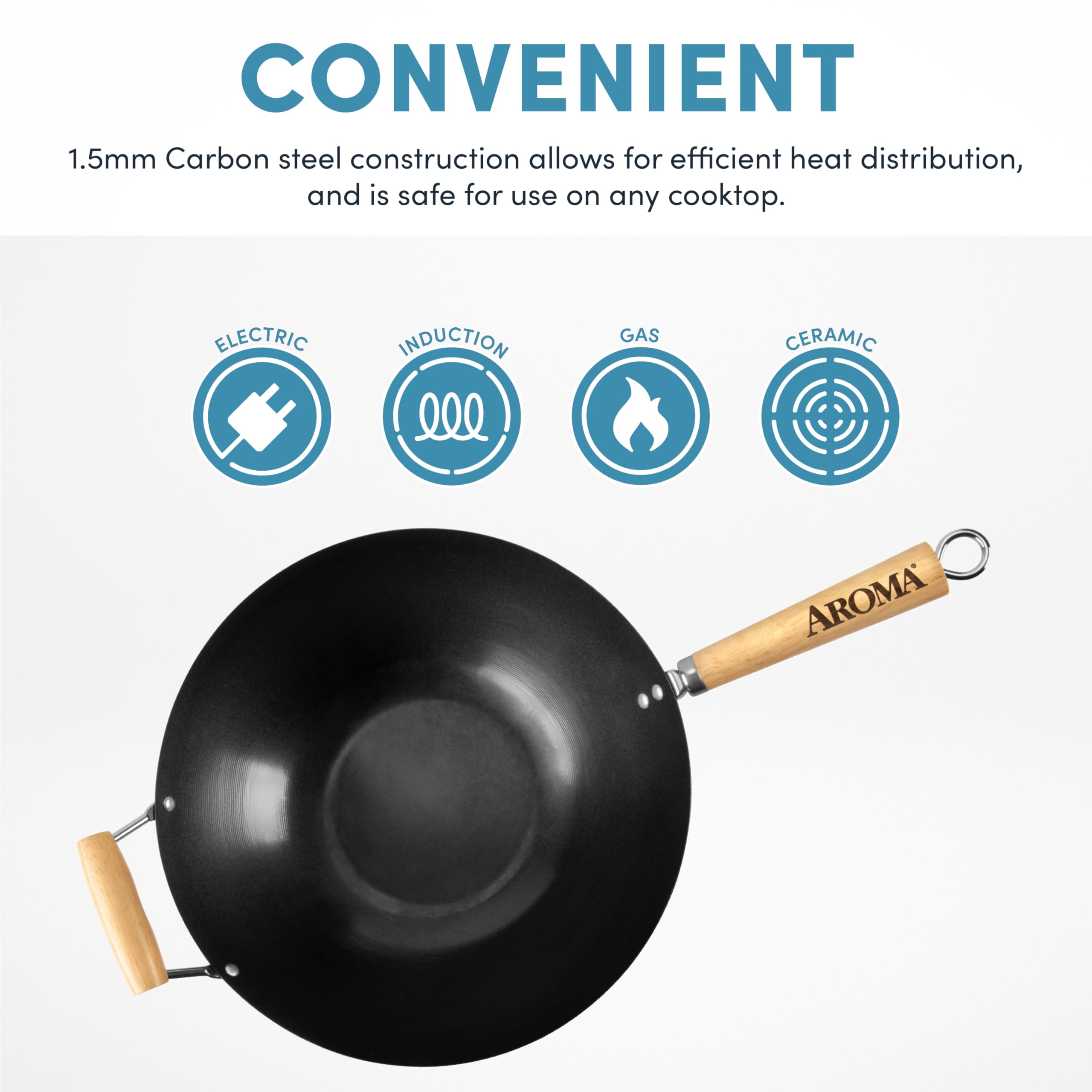 Aroma Housewares 14'' Heavy Duty Carbon Steel Cookware (Anw-102) Non-Stick Wok, Black