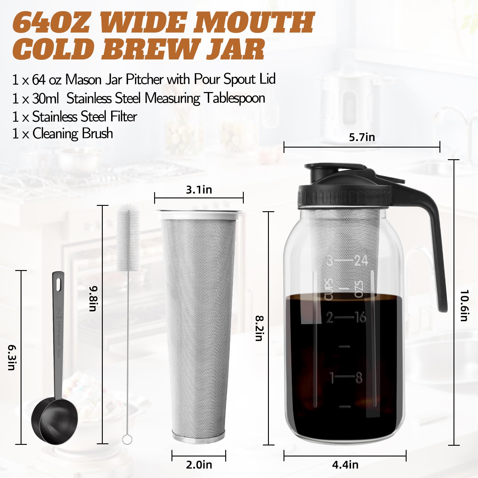 Cold Brew Coffee Maker - 64 Oz Wide Mouth Mason Jar Pitcher With Stainless Steel Filter, Coffee Scoop, And Cleaning Brush -Glass