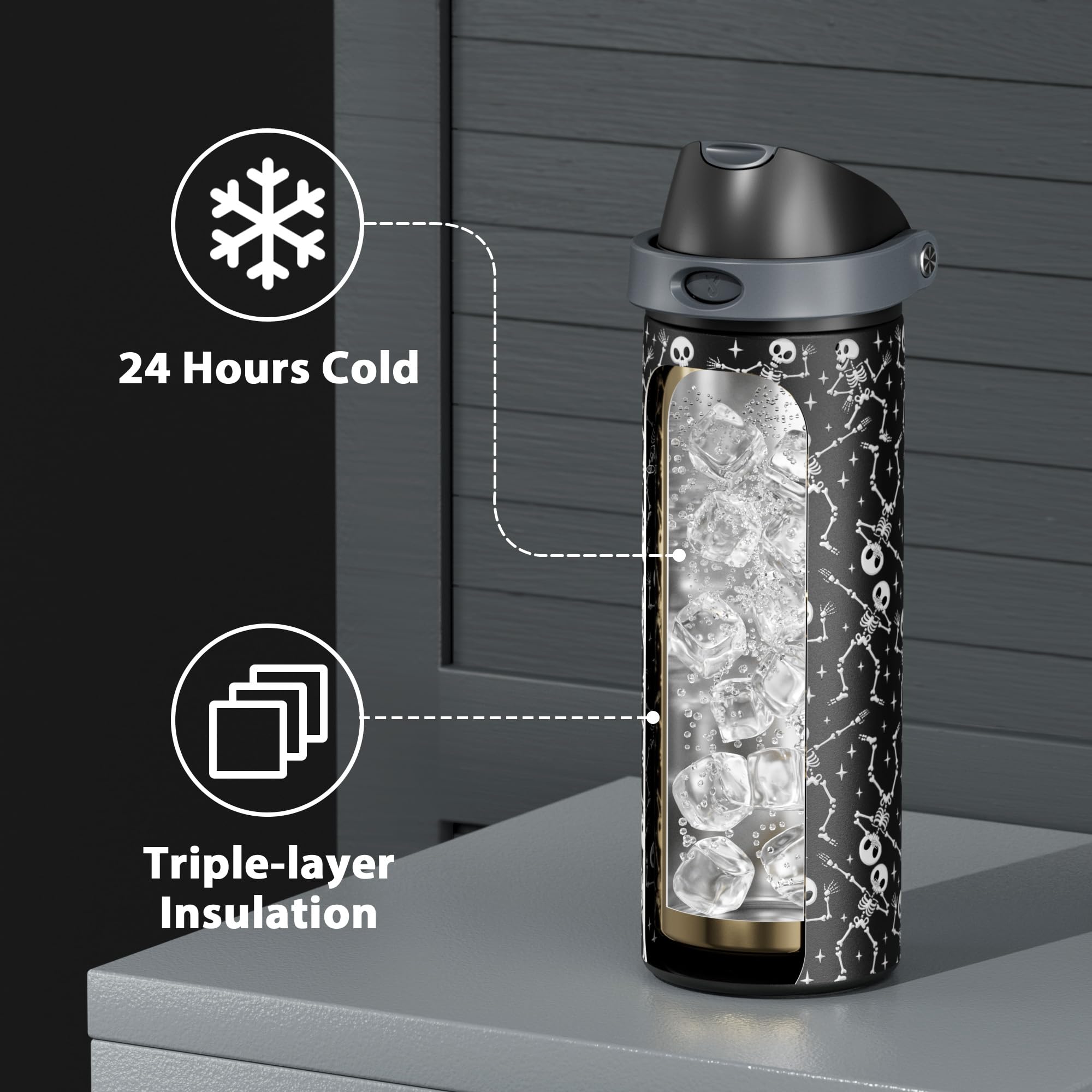 24 oz Halloween Insulated Water Bottle: Meoky Stainless Steel Water Bottle with 2-in-1 Straw Lid - Leak Proof, Cold for 24 Hours