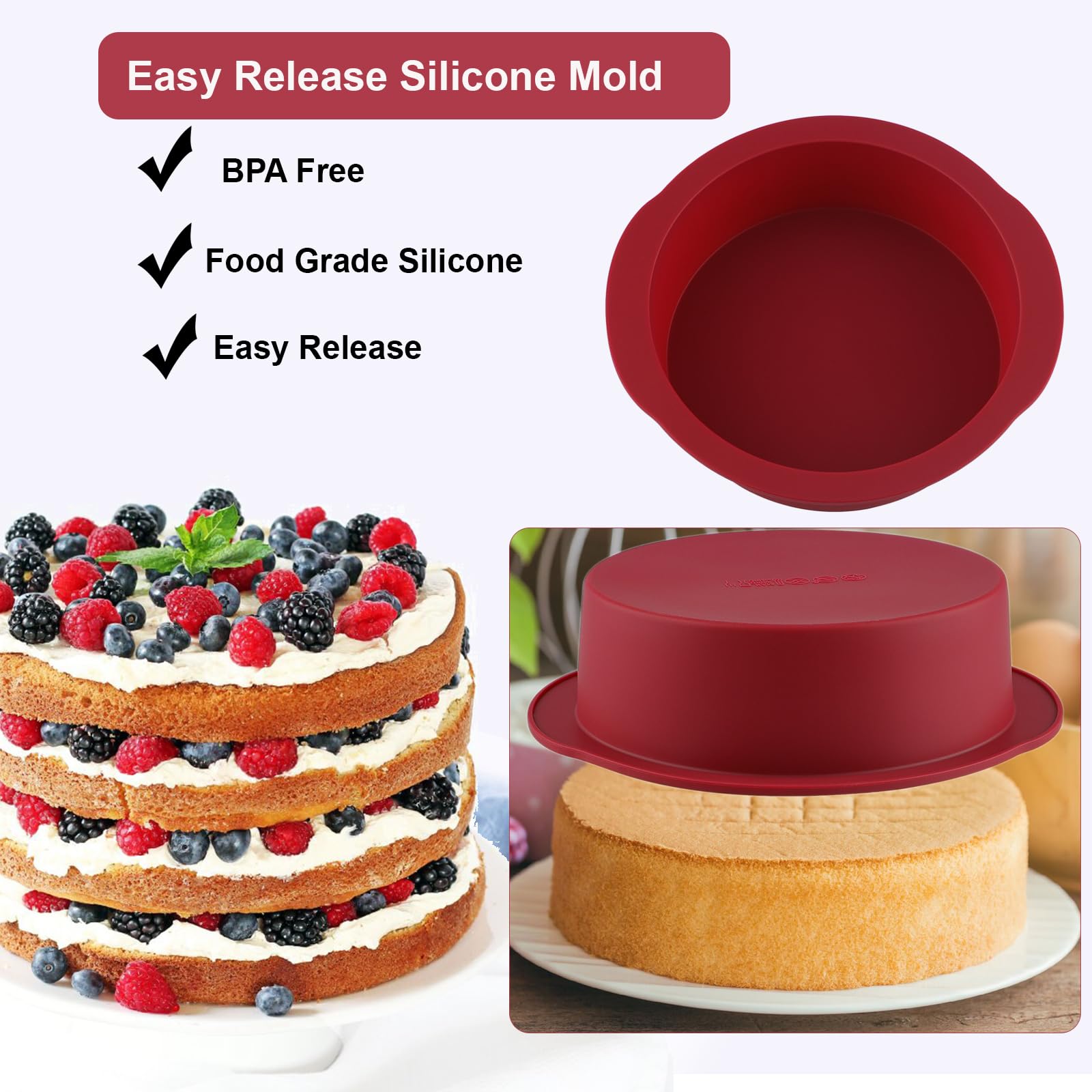 Nalchios 6 Inch Silicone Round Cake Pans Set Of 3, Non-Stick Easy Releasing Mini Cake Pans, Flexible Bpa Free Silicone Baking Mo