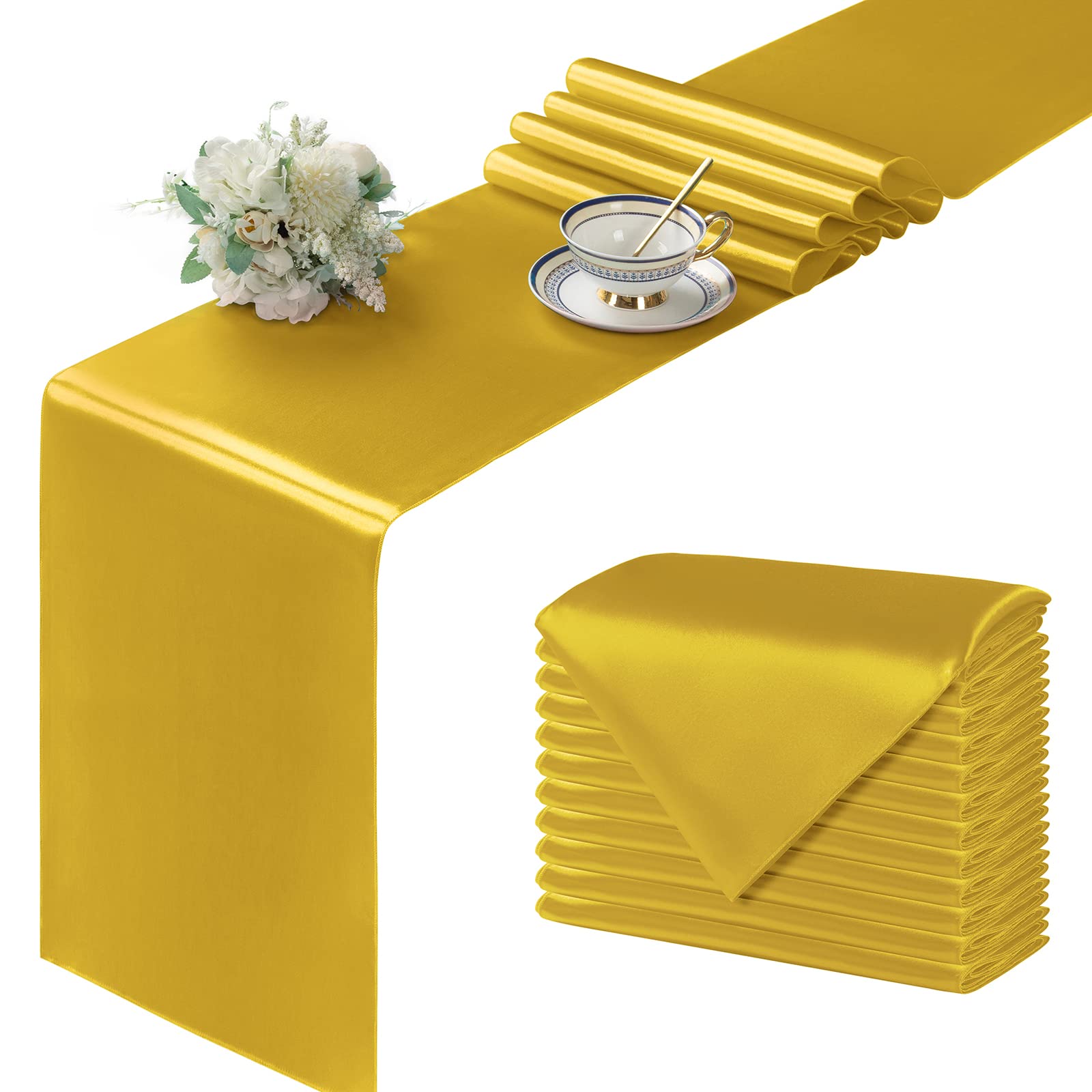 Manyshofu 12Pcs Satin Gold Runner - 12 X 72 Inch Long Size, Party Table Runner Decor Bright & Smooth Wedding Decorations Table R