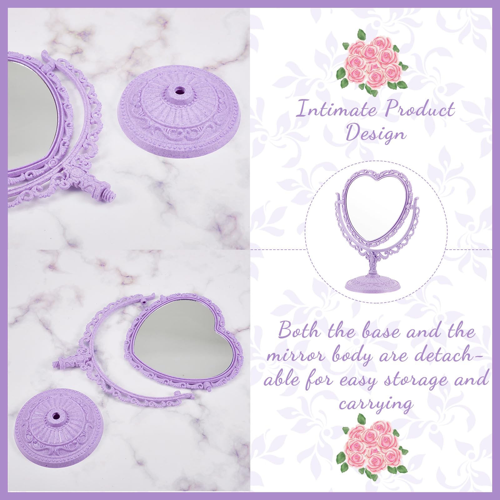 CHENGU Heart Shaped Mirror 8 Pieces Hair Styling Combs Double Sided Rotatable Dresser Heart Mirror Makeup Gifts for Girls Gift V