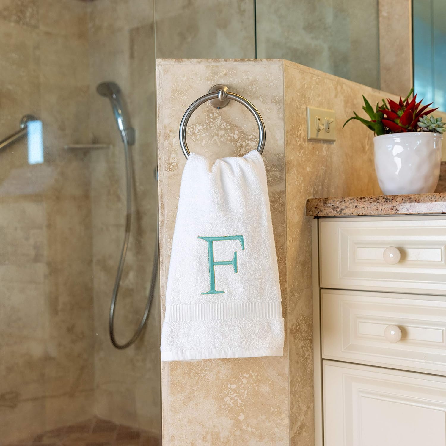 Teal Monogrammed Hand Towel For Bathroom - Initial Hotel Quality Decorative Embroidered Luxury Towel For Powder Room, Spa - Gots
