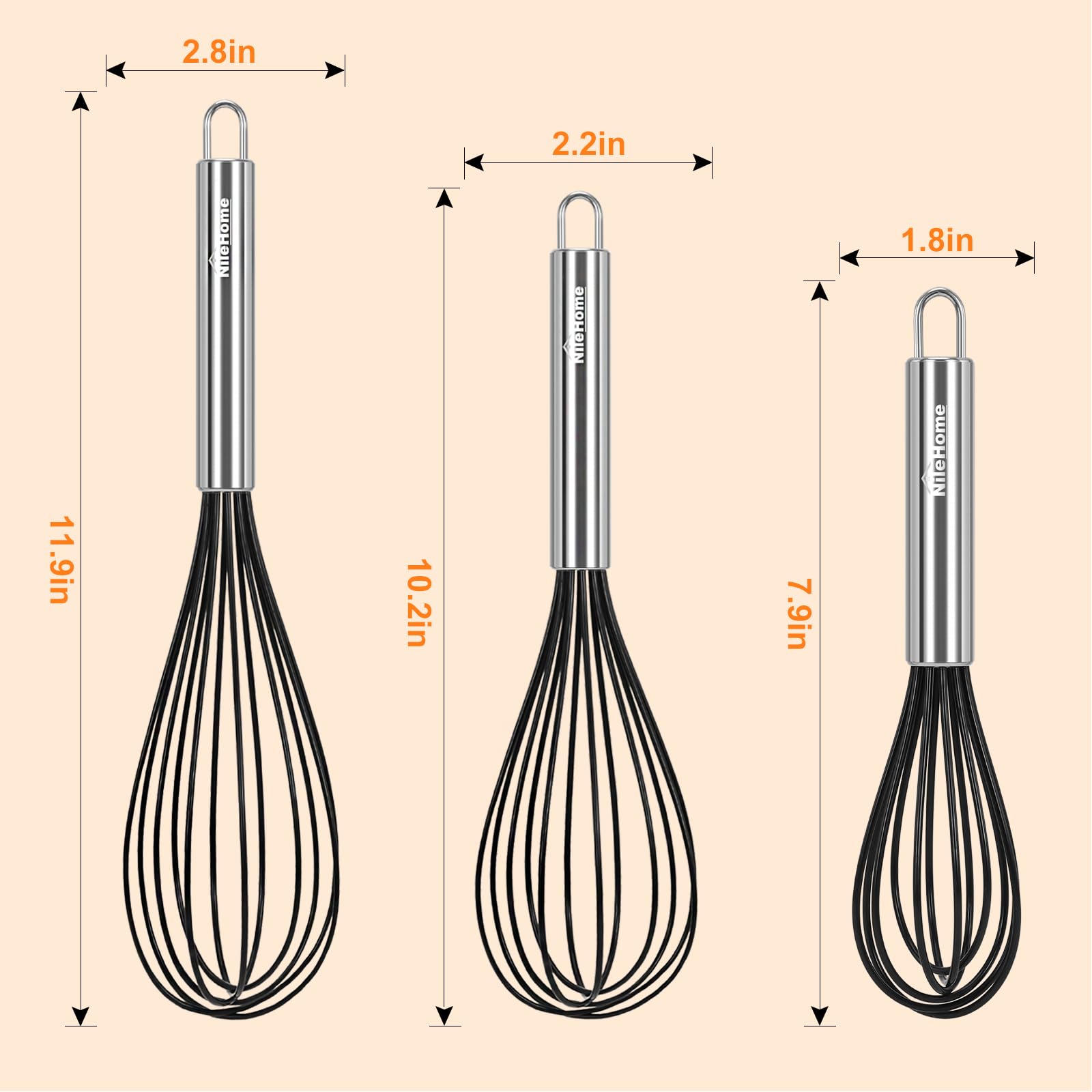 Nilehome Whisk Commercial Whisks Stainless Steel & Silicone Non-Stick Coated Small Whisk Set 8'' 10'' 12'' Kitchen Wisk Wire Whi