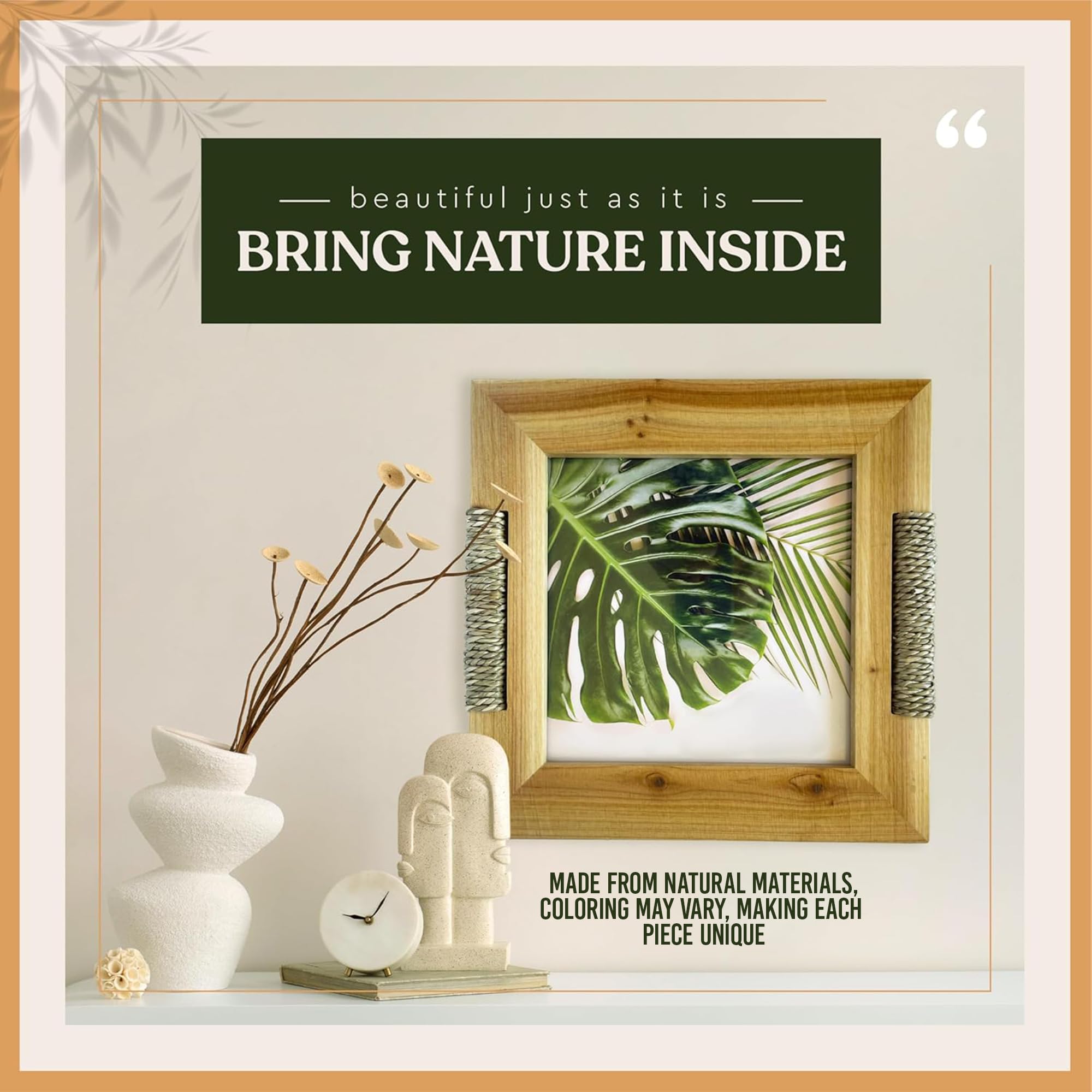 Fairwood Way - Rattan and Wood Picture Frame for 8x8 Inch Photo or Artwork - Boho, Coastal, or Beach Photo Frame, Wooden Decorat