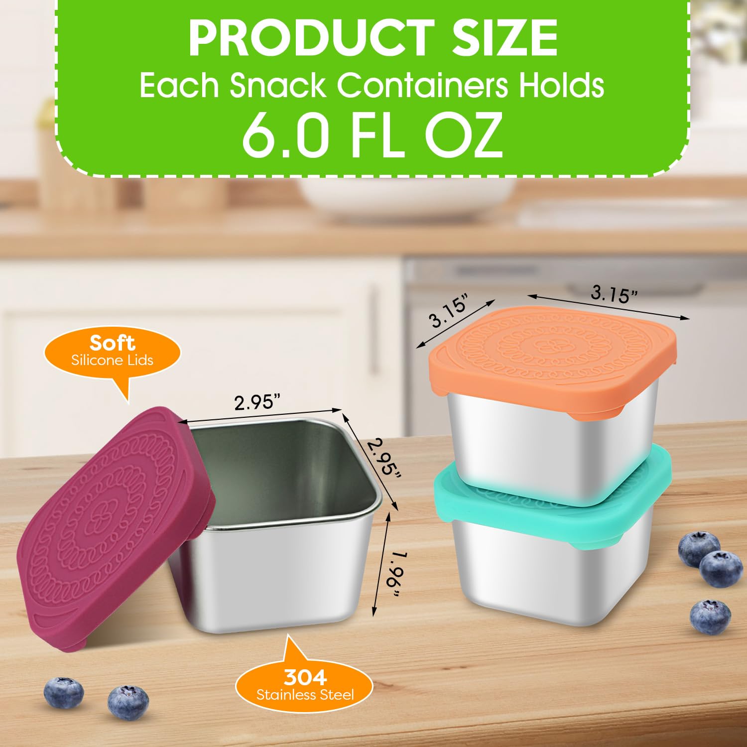 3Pack 6Oz Stainless Steel Snack Containers, Small Metal Food Storage Container With Silicone Lids, Leakproof Bento Snack Contain